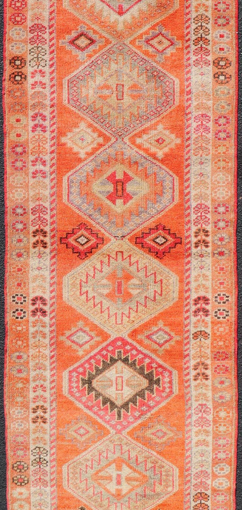Turkish Vintage Oushak Runner with Tribal Medallion Design in Orange and Ivory In Good Condition For Sale In Atlanta, GA