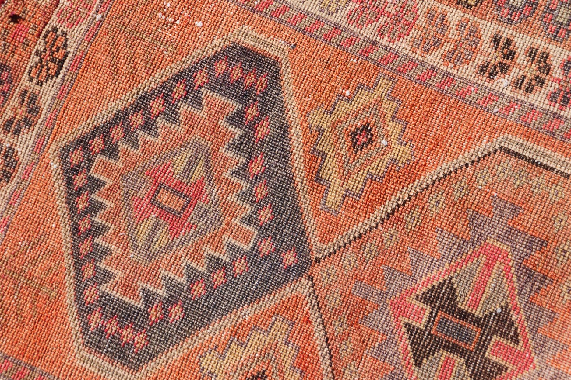 Wool Turkish Vintage Oushak Runner with Tribal Medallion Design in Orange and Ivory For Sale