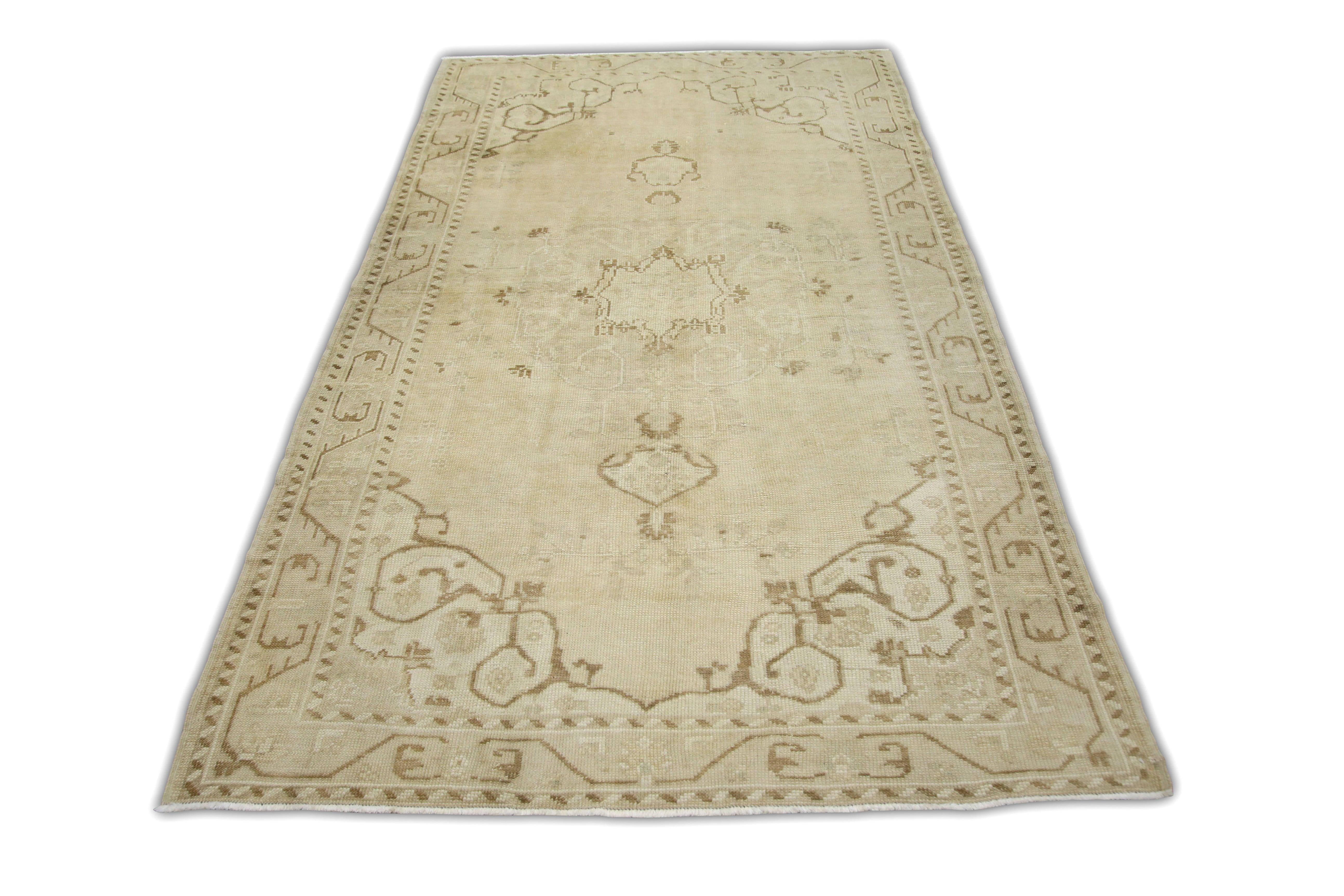 Contemporary Turkish Vintage Rug Beige Neutral Tones Handwoven Wool Rug 4'7