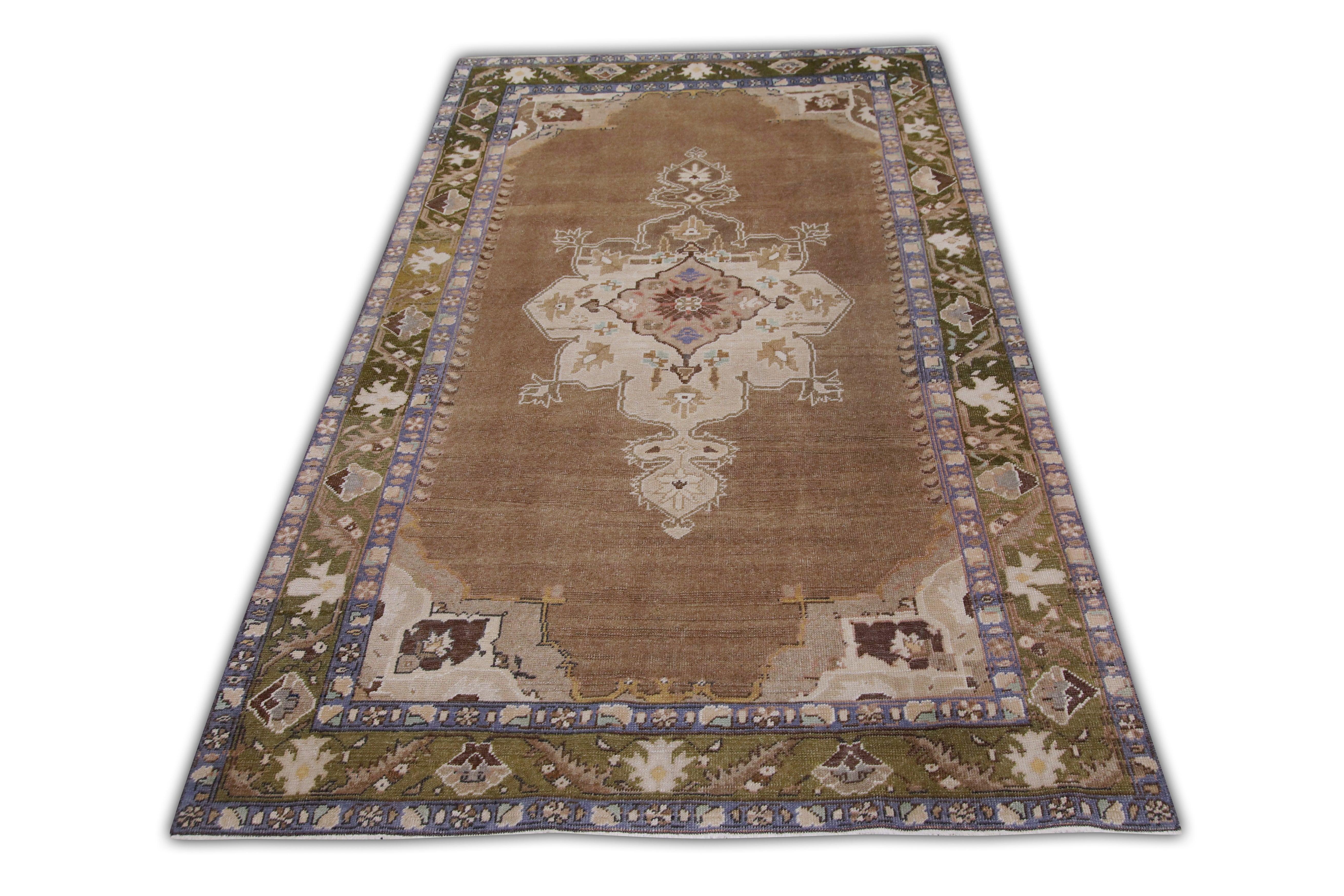 Türkischer Vintage Teppich Braun Olivgrün Blau Handgewebter Wollteppich 4'3