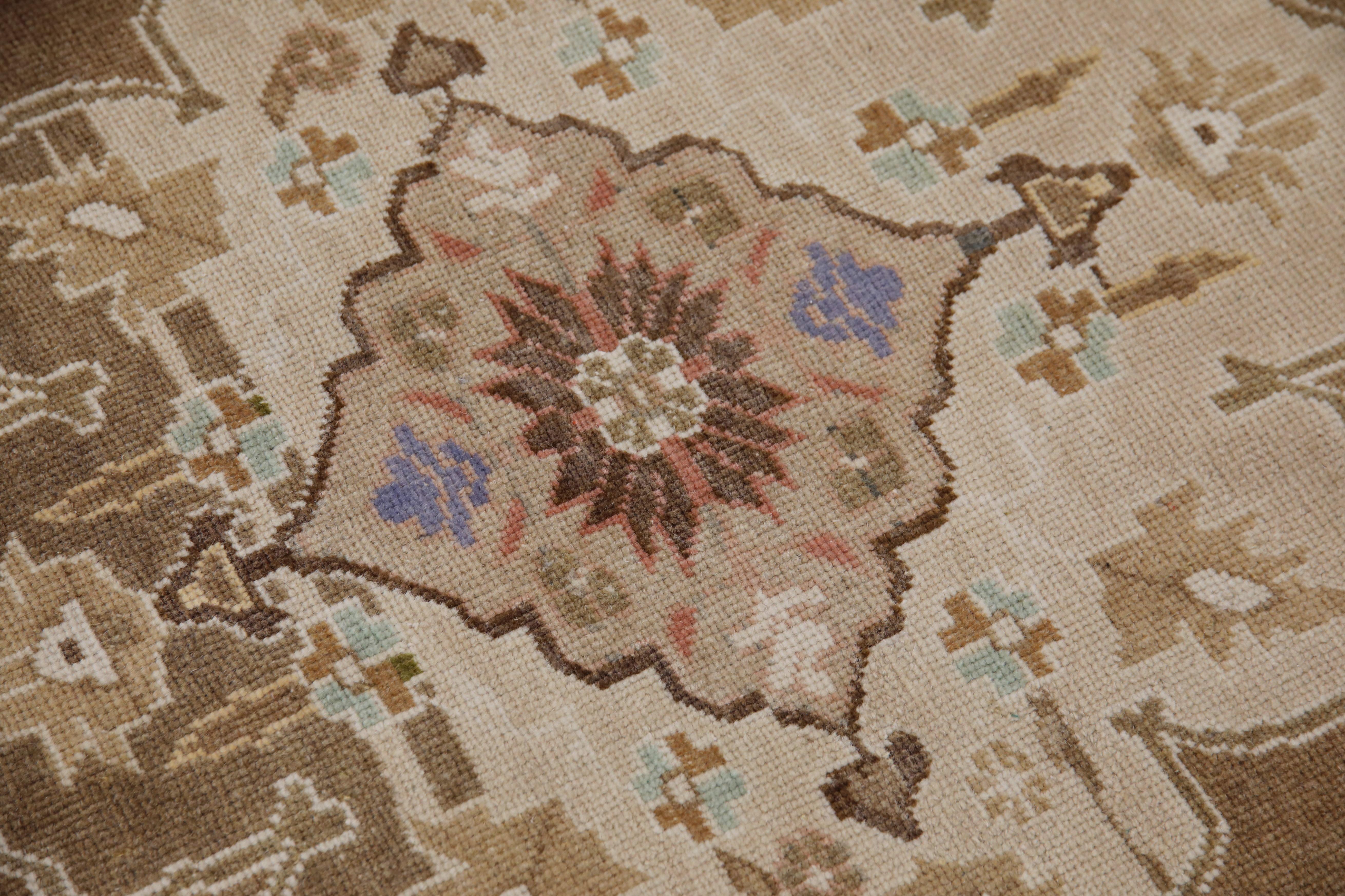 Türkischer Vintage Teppich Braun Olivgrün Blau Handgewebter Wollteppich 4'3