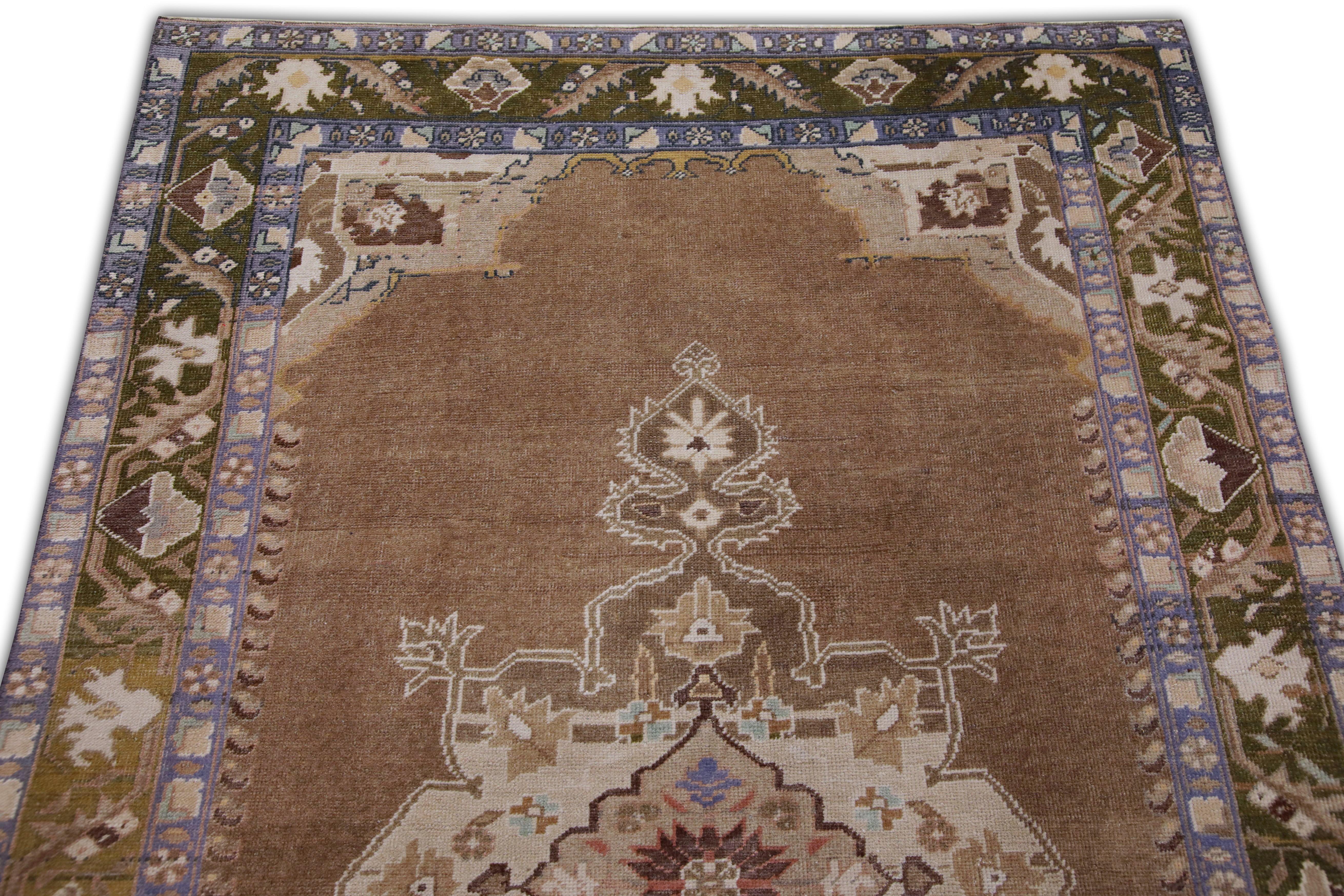 Türkischer Vintage Teppich Braun Olivgrün Blau Handgewebter Wollteppich 4'3