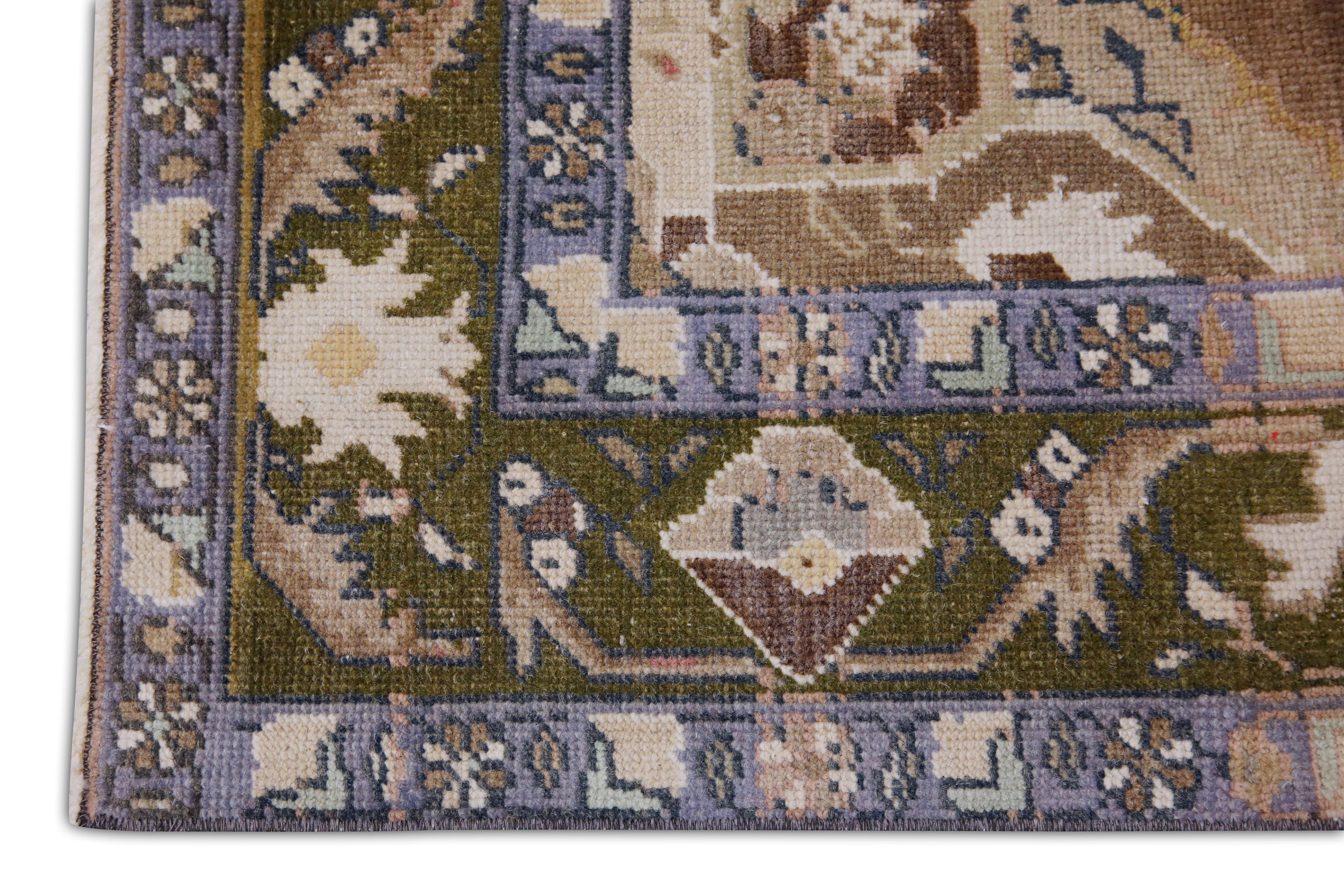 Türkischer Vintage Teppich Braun Olivgrün Blau Handgewebter Wollteppich 4'3