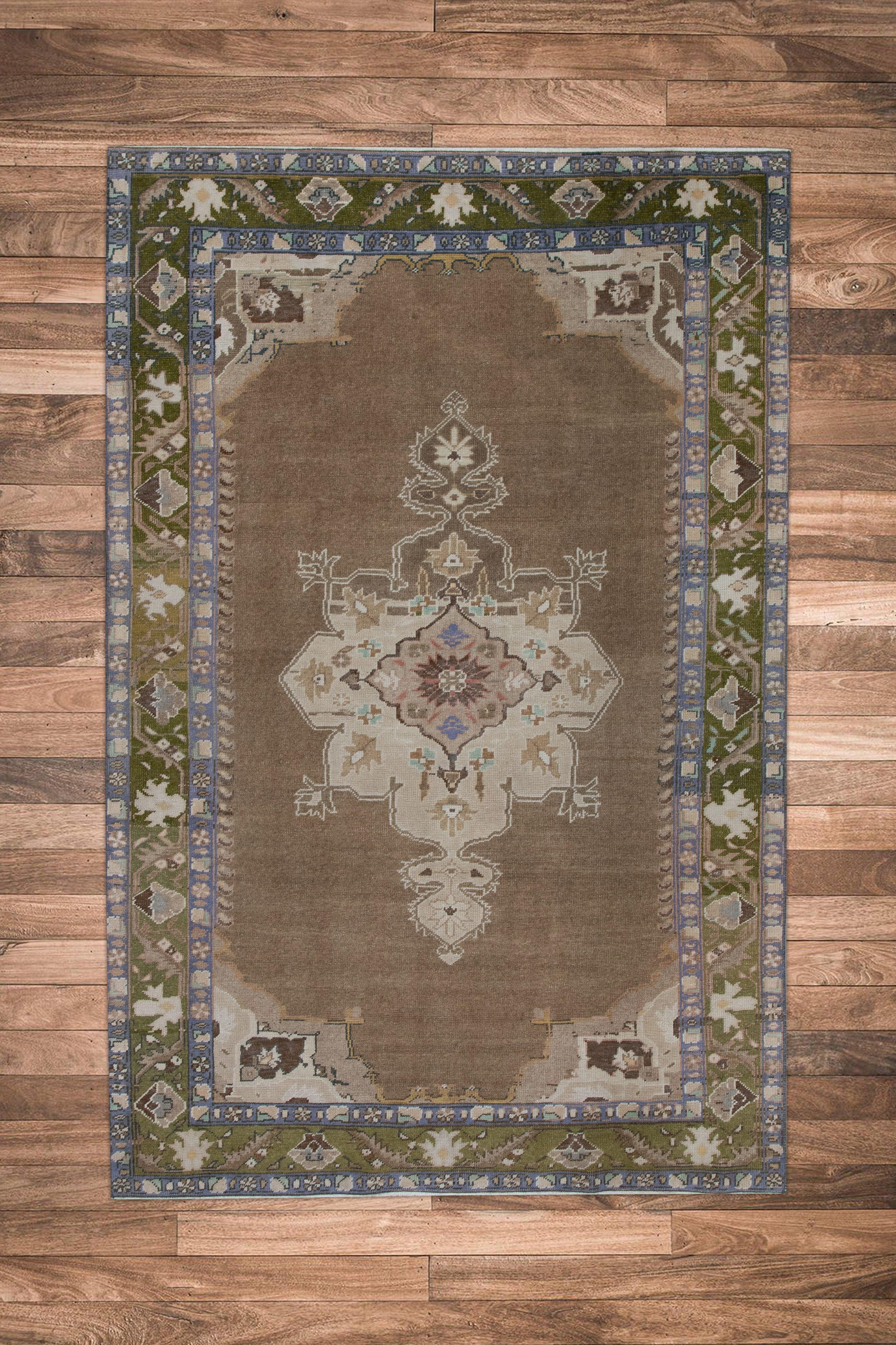 Türkischer Vintage Teppich Braun Olivgrün Blau Handgewebter Wollteppich 4'3