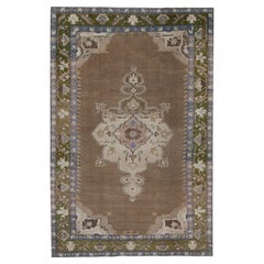 Turkish Vintage Rug Brown Olive Green Blue Handwoven Wool Rug 4'3" x 6'11"