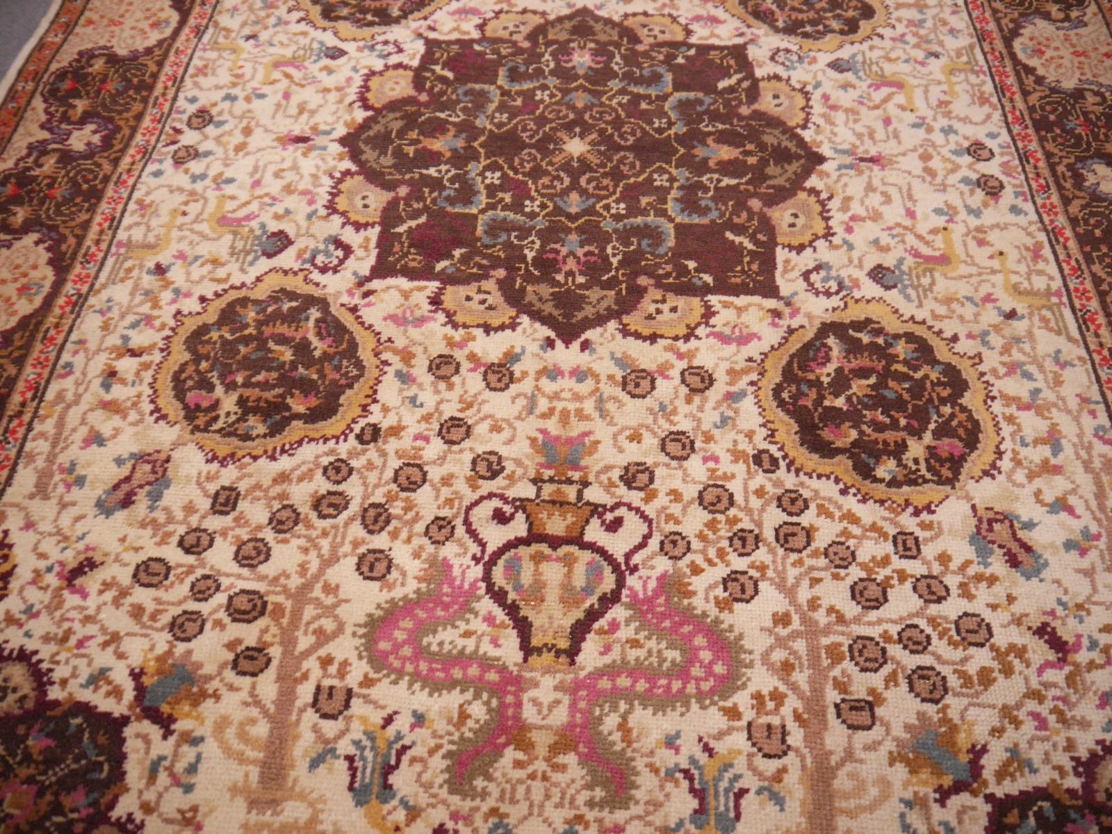 Turkish Vintage Rug Hand Knotted Medaillon Design Beige Brown Area Carpet For Sale 4