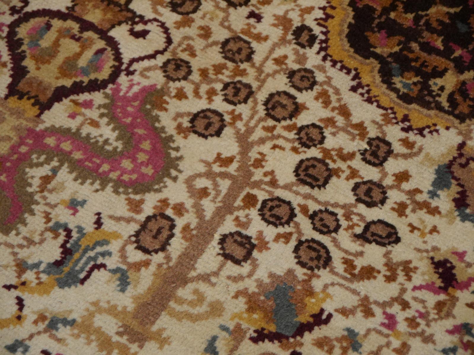 Tribal Turkish Vintage Rug Hand Knotted Medaillon Design Beige Brown Area Carpet For Sale