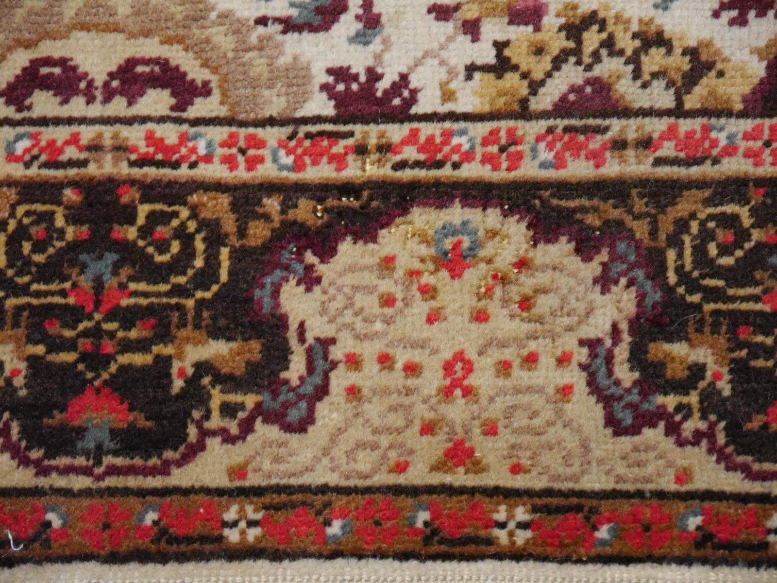 Wool Turkish Vintage Rug Hand Knotted Medaillon Design Beige Brown Area Carpet For Sale