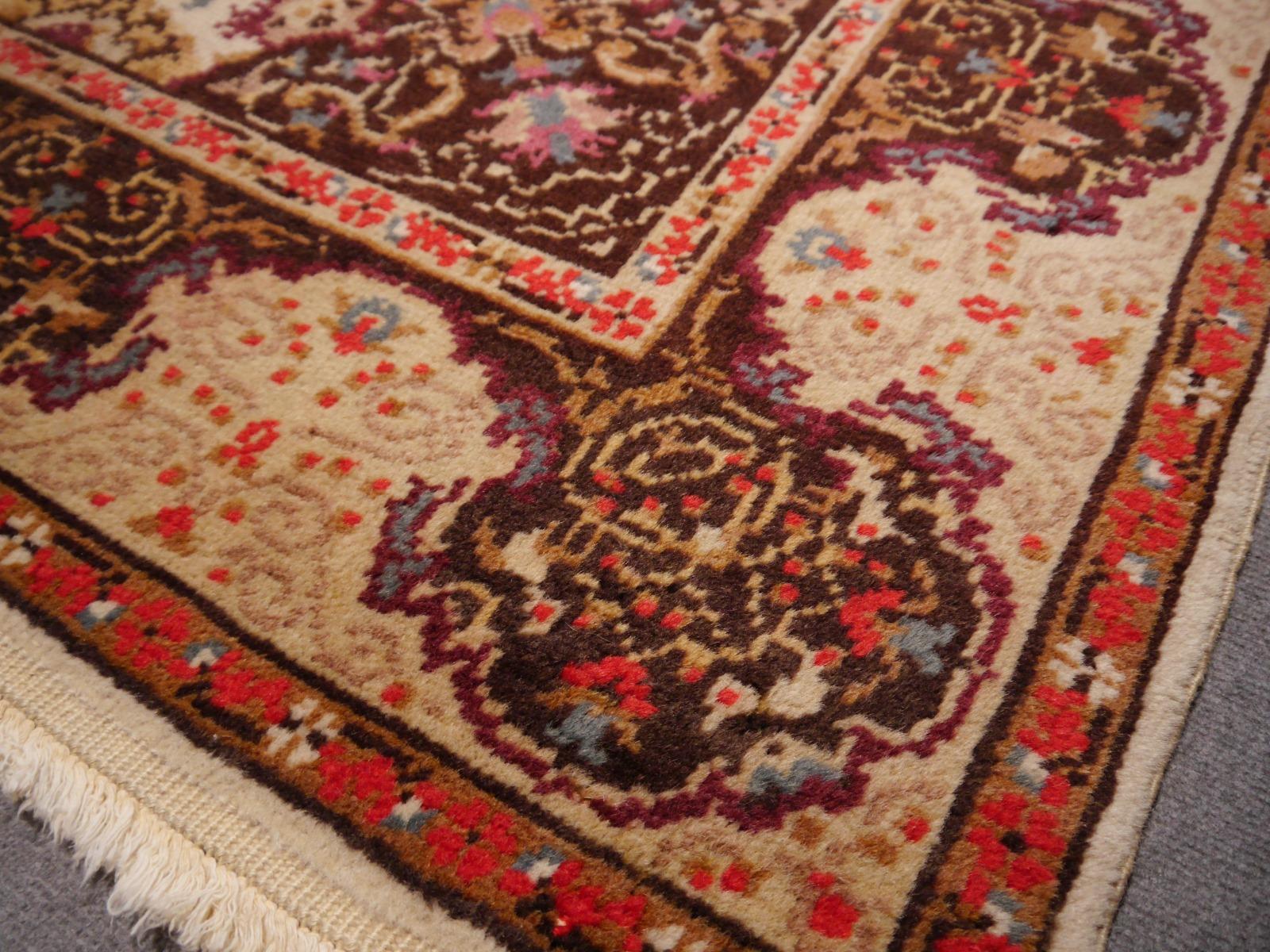 Turkish Vintage Rug Hand Knotted Medaillon Design Beige Brown Area Carpet For Sale 1