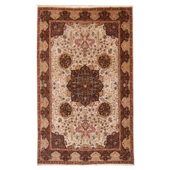 Turkish Vintage Rug Hand Knotted Medaillon Design Beige Brown Area Carpet