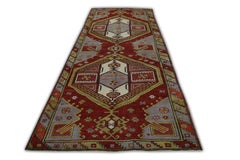 Turkish Vintage Rug Red Green Handwoven Wool Rug 4'3" x 10'10"