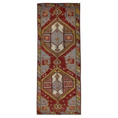 Tapis Vintage Turc Rouge Vert Tapis de laine tissé à la main 4'3" x 10'10"