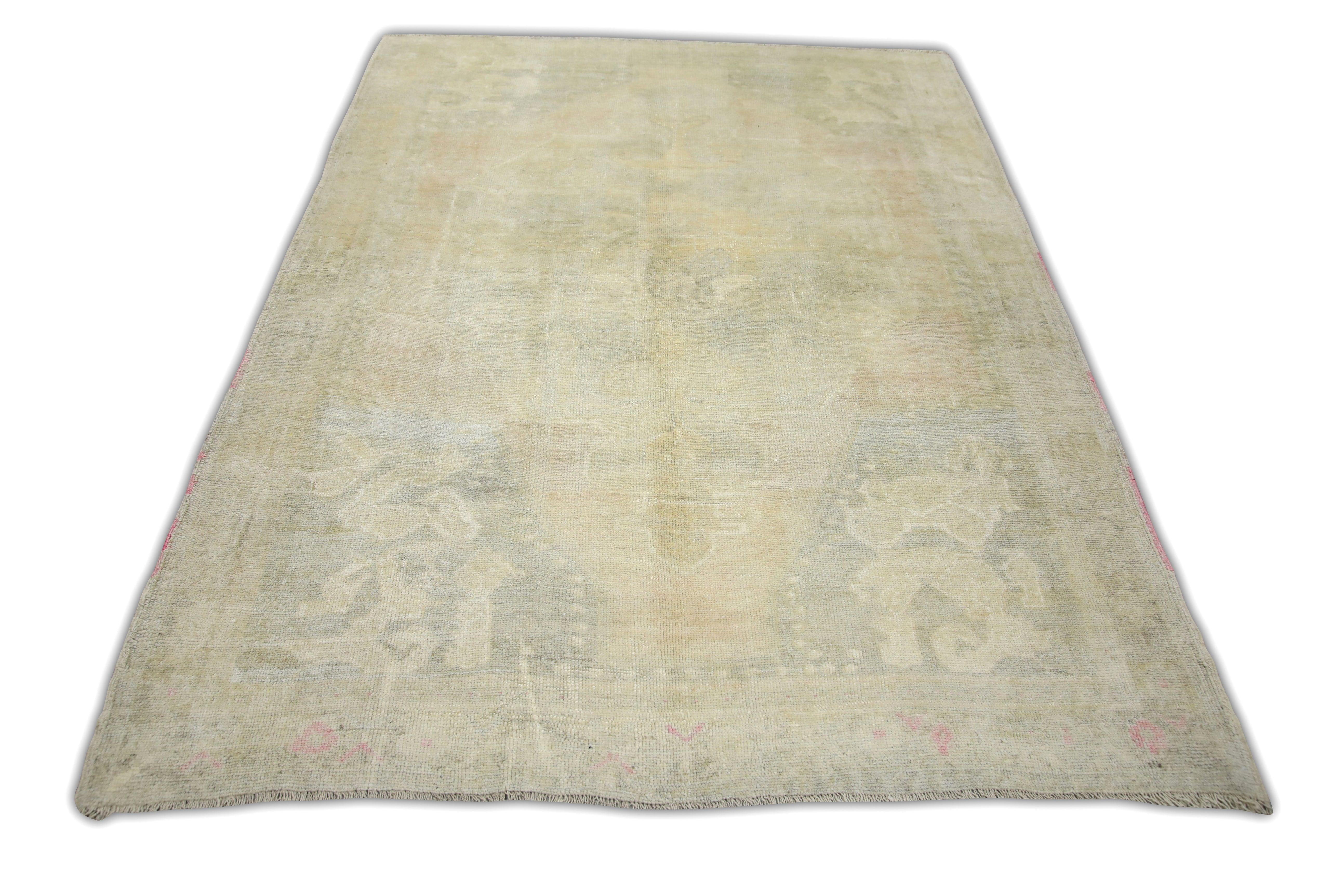 Turkish Vintage Rug Soft Neutral Tones Handwoven Wool Rug 5'3