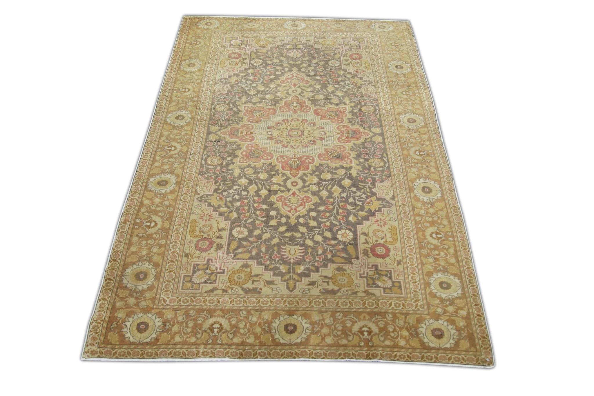 Tapis Vintage Turc Jaune Beige Tapis de laine tissé à la main 4'2