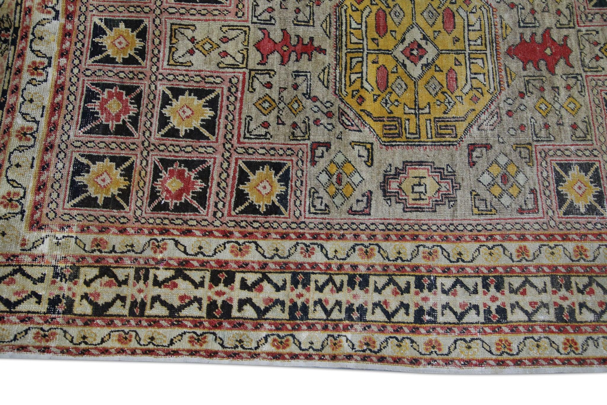 Tapis Vintage Turc Jaune Rouge Noir Tapis en laine tissé à la main 4'6