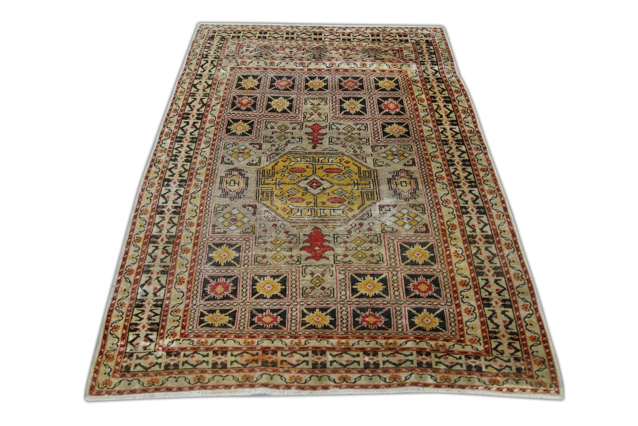 Tapis Vintage Turc Jaune Rouge Noir Tapis en laine tissé à la main 4'6