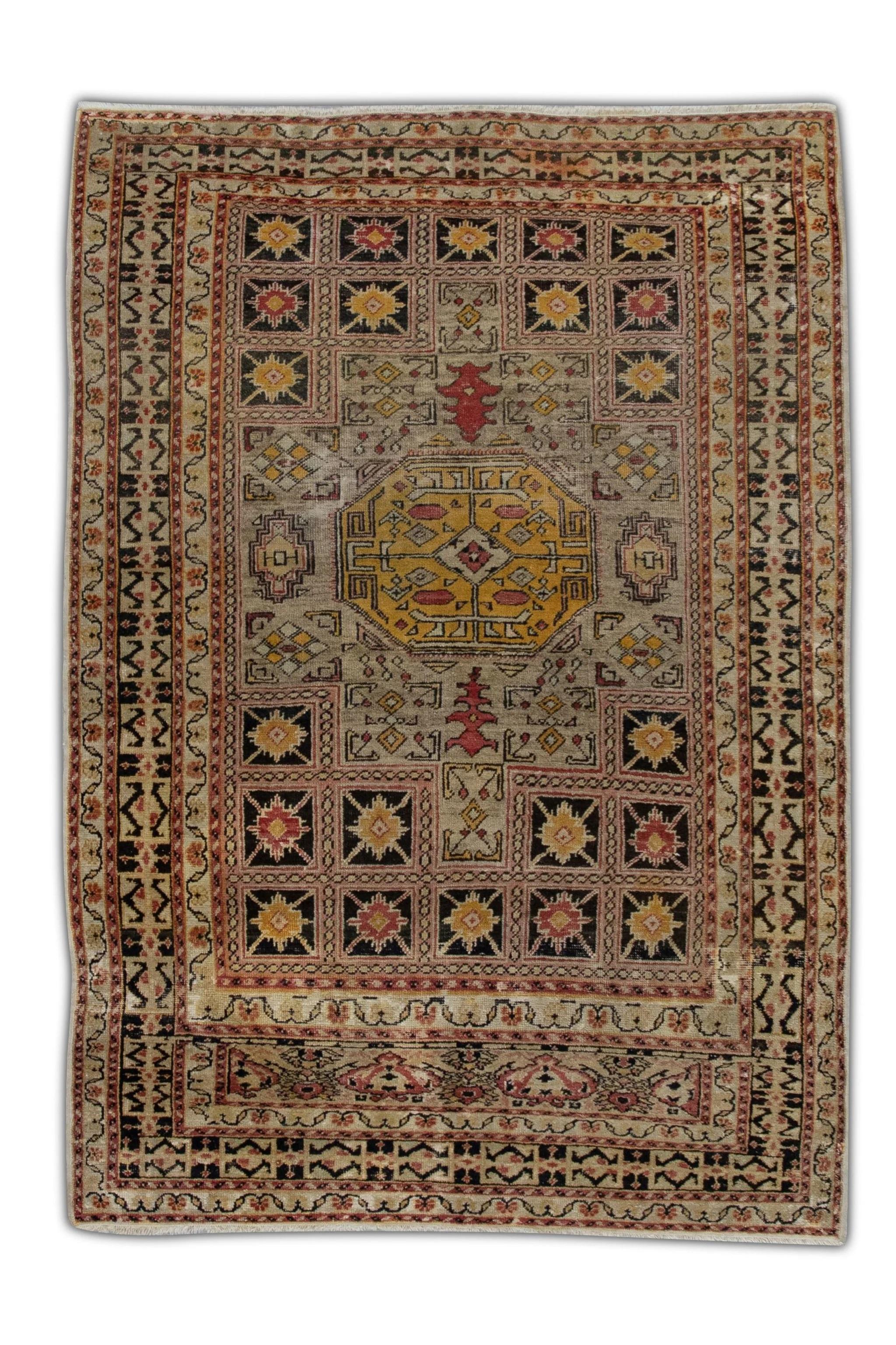 Tapis Vintage Turc Jaune Rouge Noir Tapis en laine tissé à la main 4'6