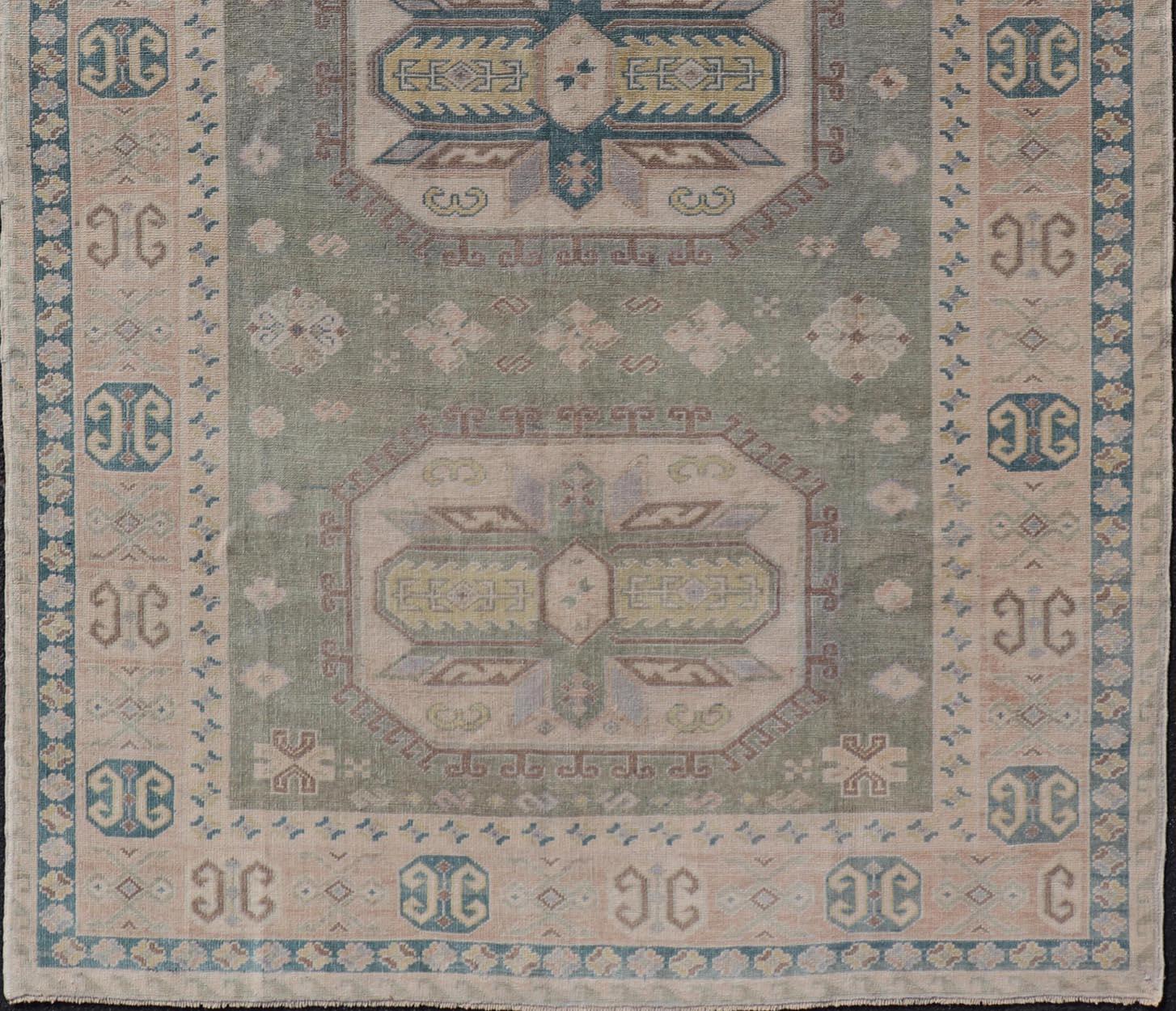 Turkish Vintage Tribal Medallion Oushak in Muted Green, Blue, and Cream For Sale 1
