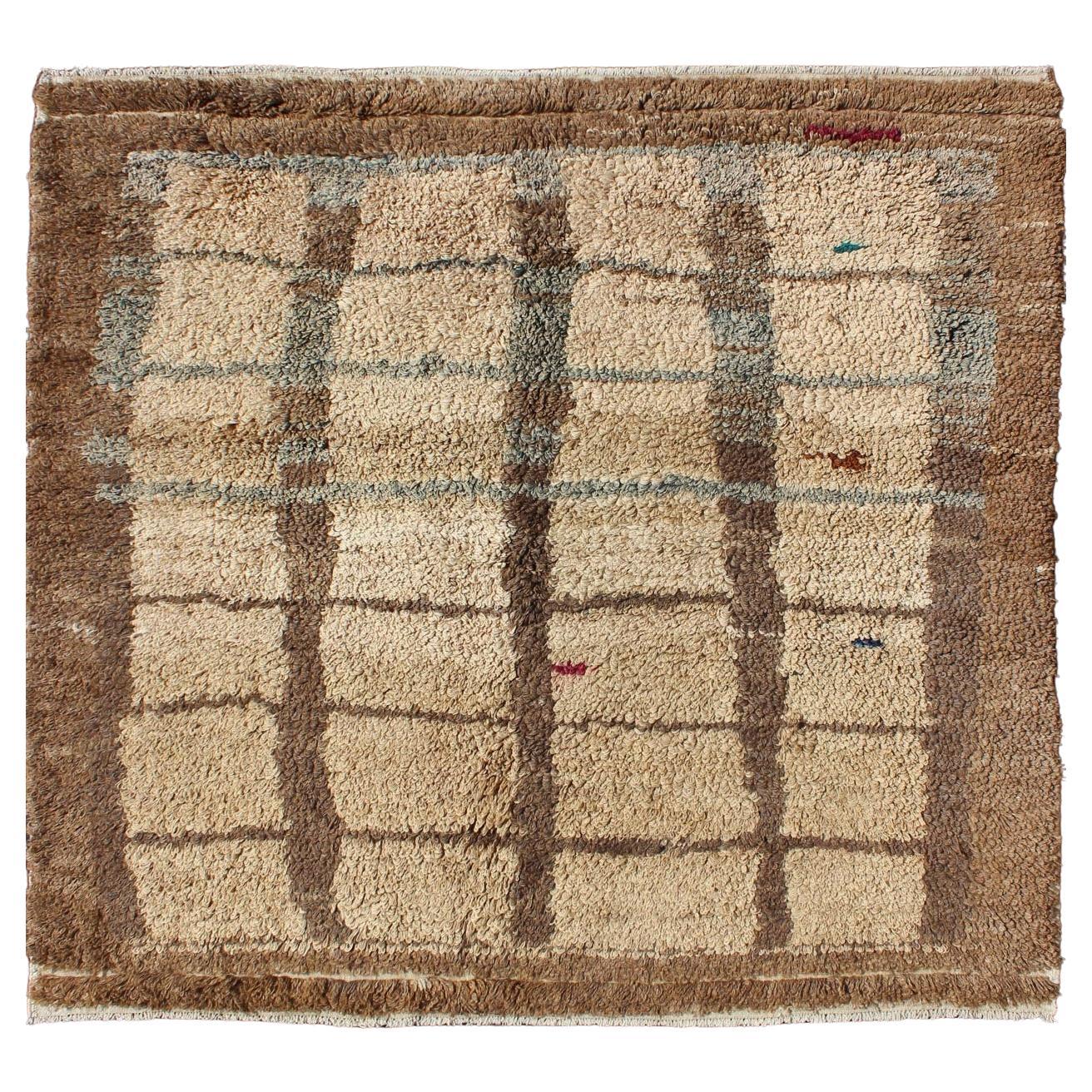 Turkish Vintage Tulu Rug with Modern Simple Square Design in Tan and Brown