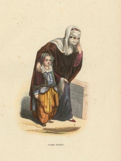 Turkish Woman with Child, Ottoman Costume, Hand-Coloured Lithograph, c.1845