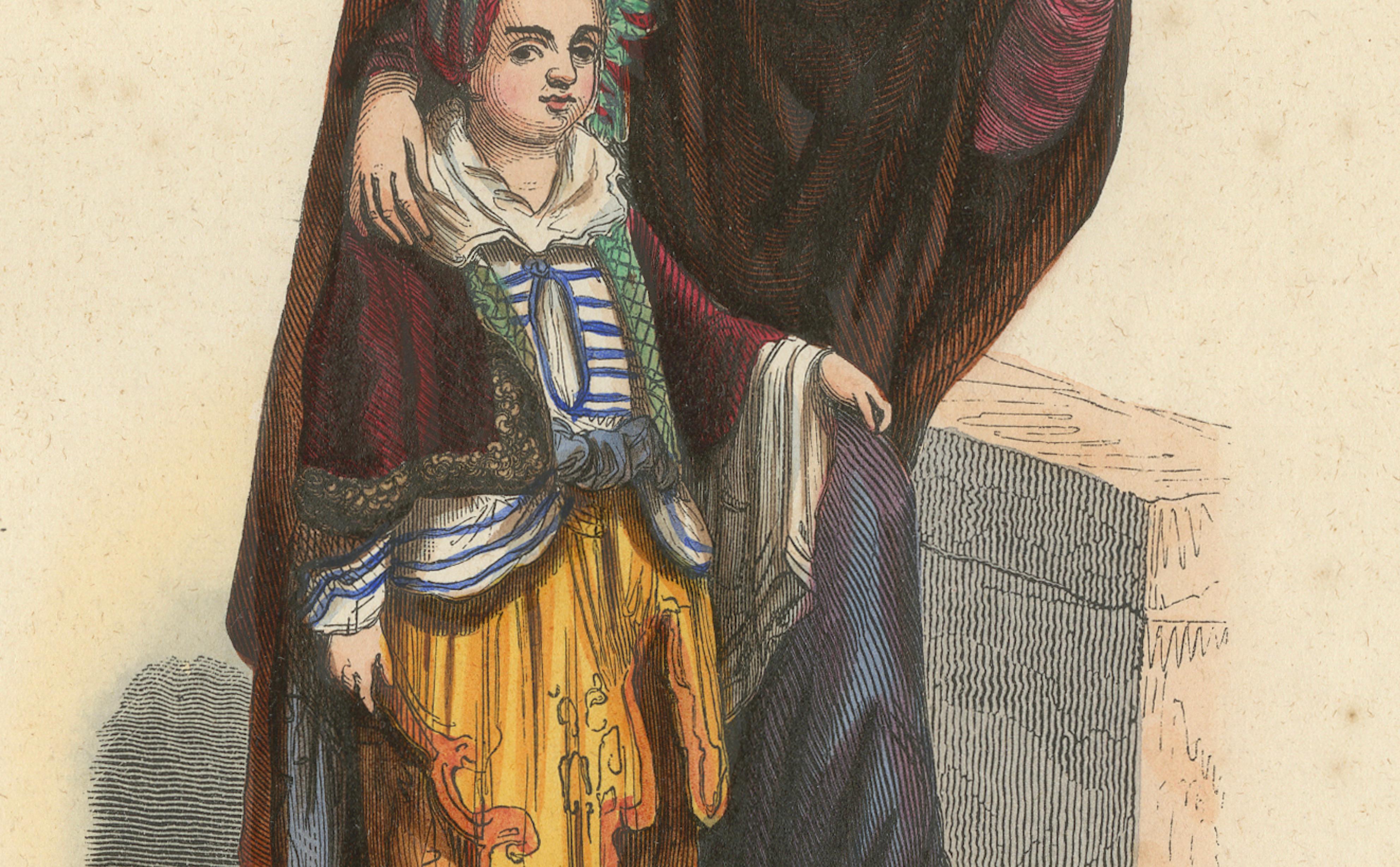 Turkish Woman with Child, Ottoman Costume, Hand-Coloured Lithograph, c.1845