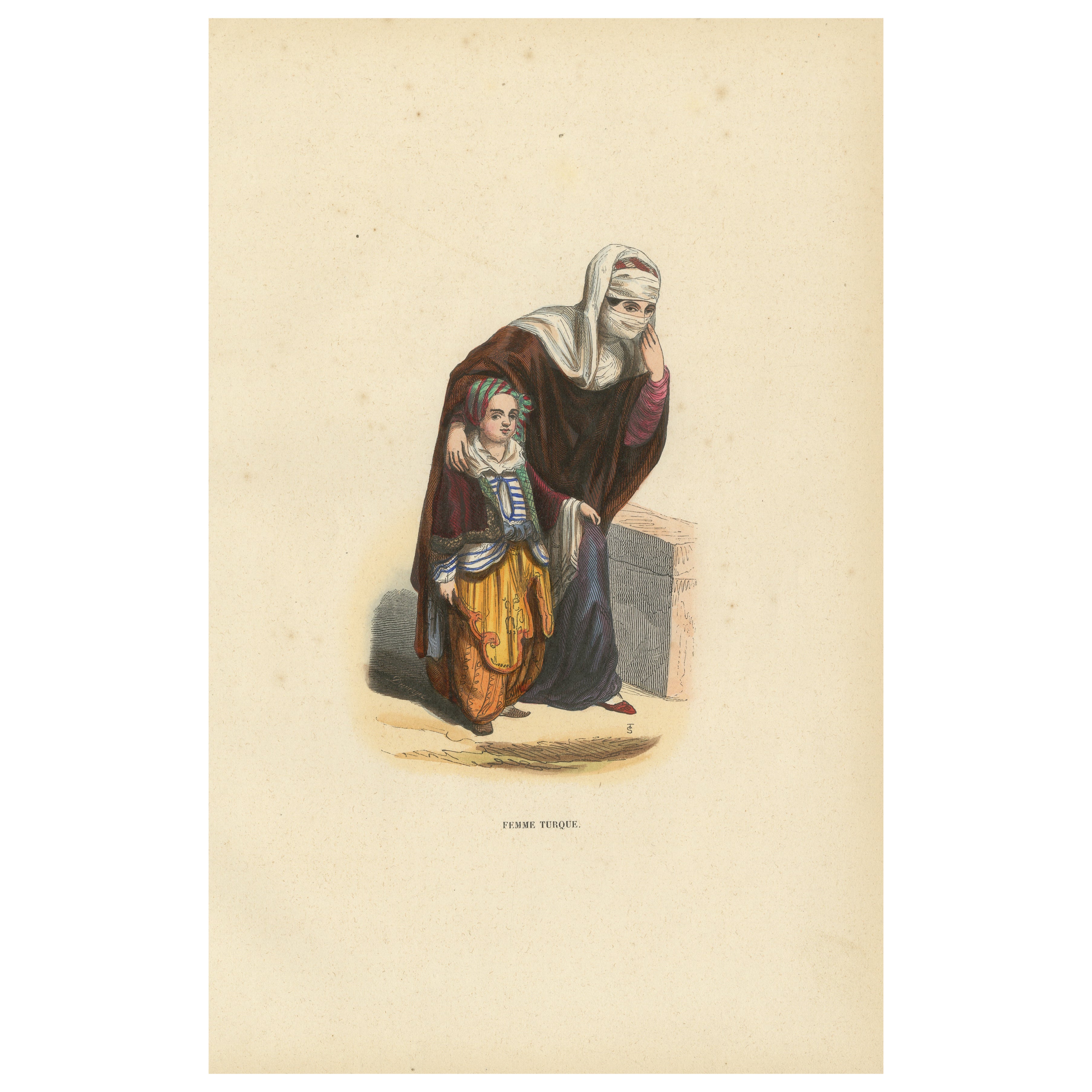 Turkish Woman with Child, Ottoman Costume, Hand-Coloured Lithograph, c.1845 For Sale