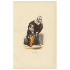 Turkish Woman with Child, Ottoman Costume, Hand-Coloured Lithograph, c.1845