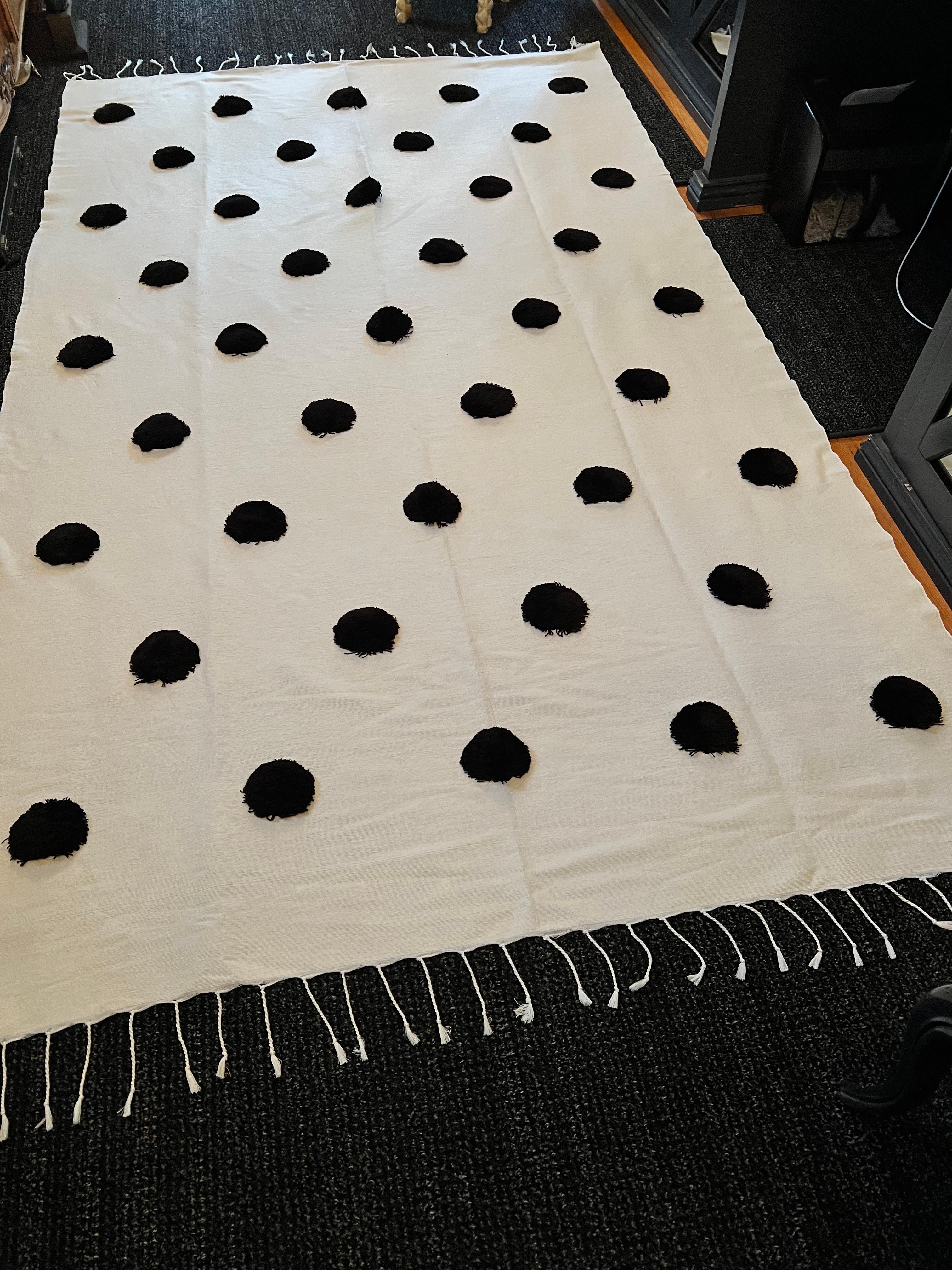 Cotton Turkish Woven Blanket or Throw with Raised Pom Pom Dots For Sale