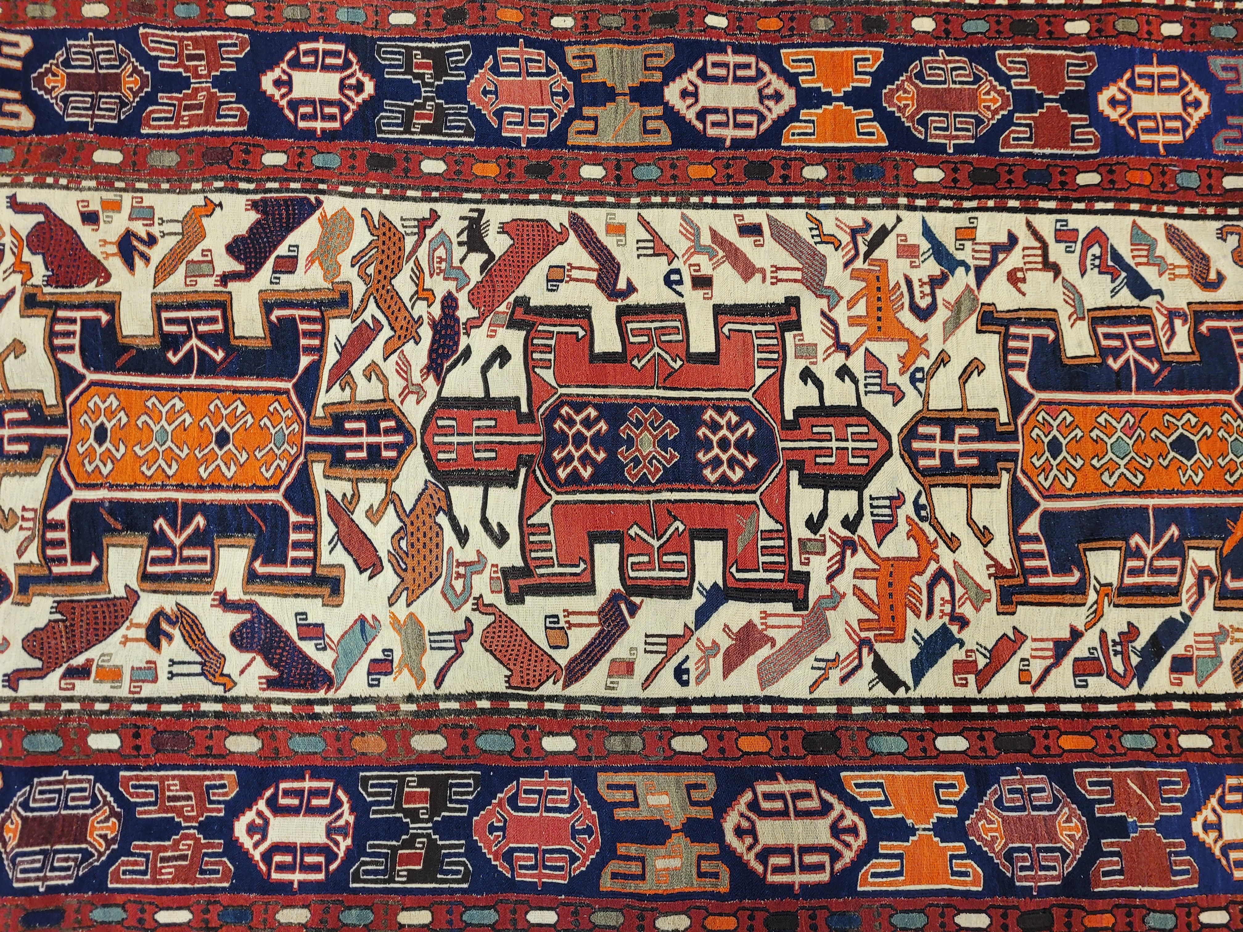 Arte popolare Tappeto Türkiye rosso blu, sumak kilim, lana e seta , certificato in vendita