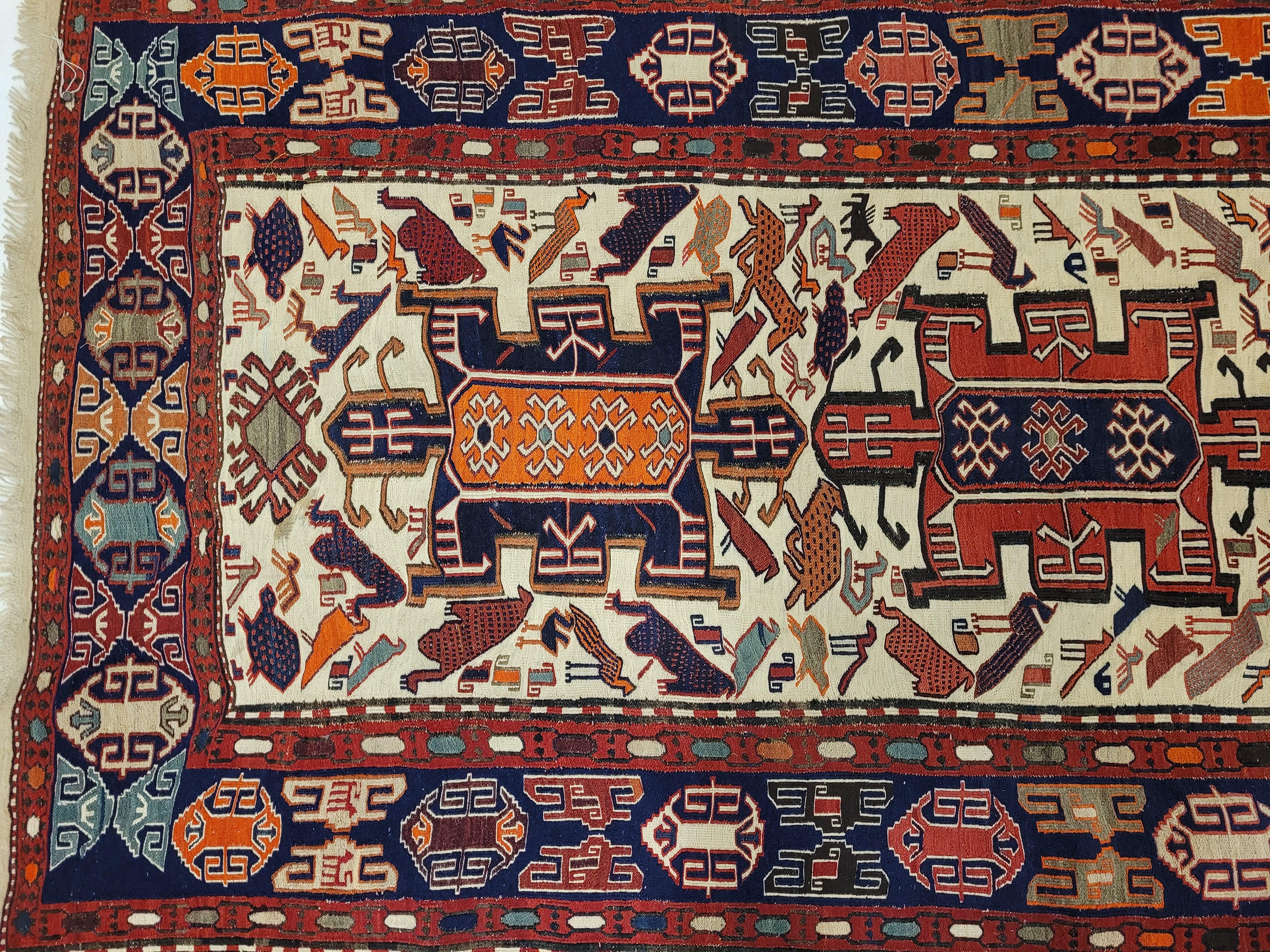 Turco Tappeto Türkiye rosso blu, sumak kilim, lana e seta , certificato in vendita