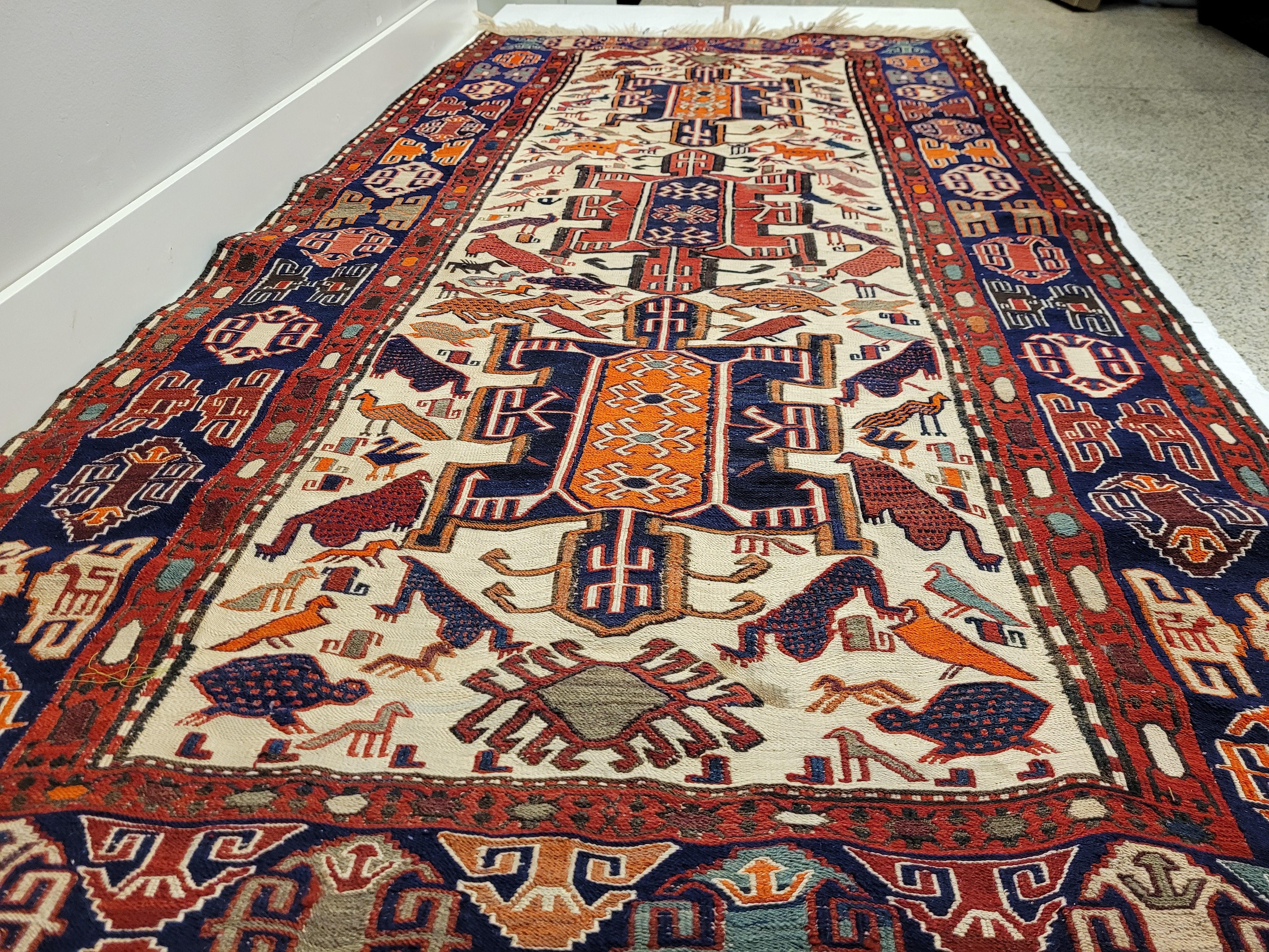 Lana Tappeto Türkiye rosso blu, sumak kilim, lana e seta , certificato in vendita