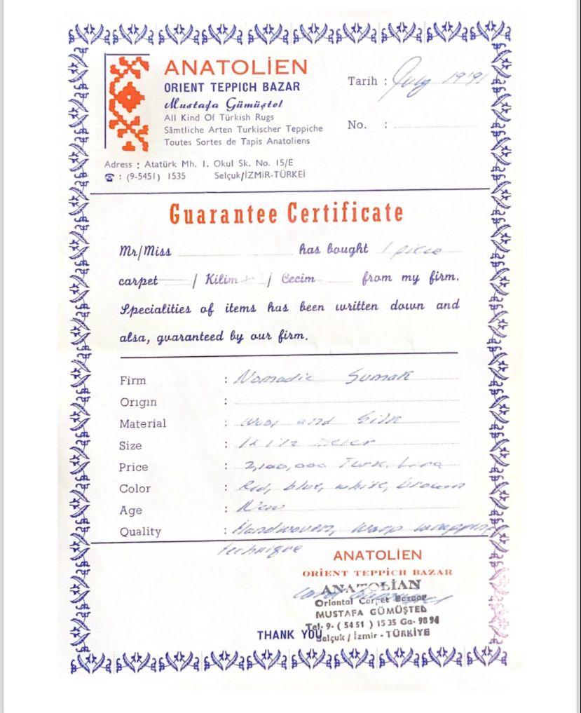Tappeto Türkiye rosso blu, sumak kilim, lana e seta , certificato in vendita 1