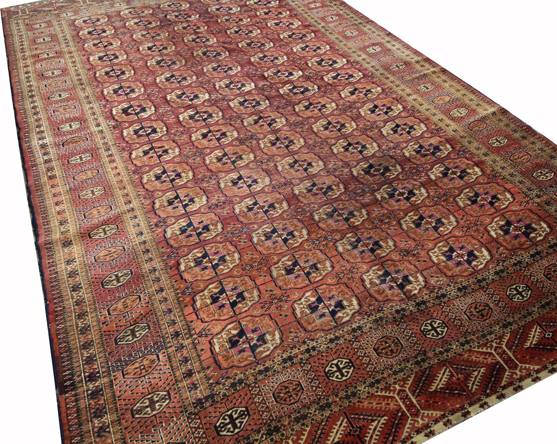 Vegetable Dyed Turkmen Area Rug Bokhara Carpet Large Antique Handwoven Carpet