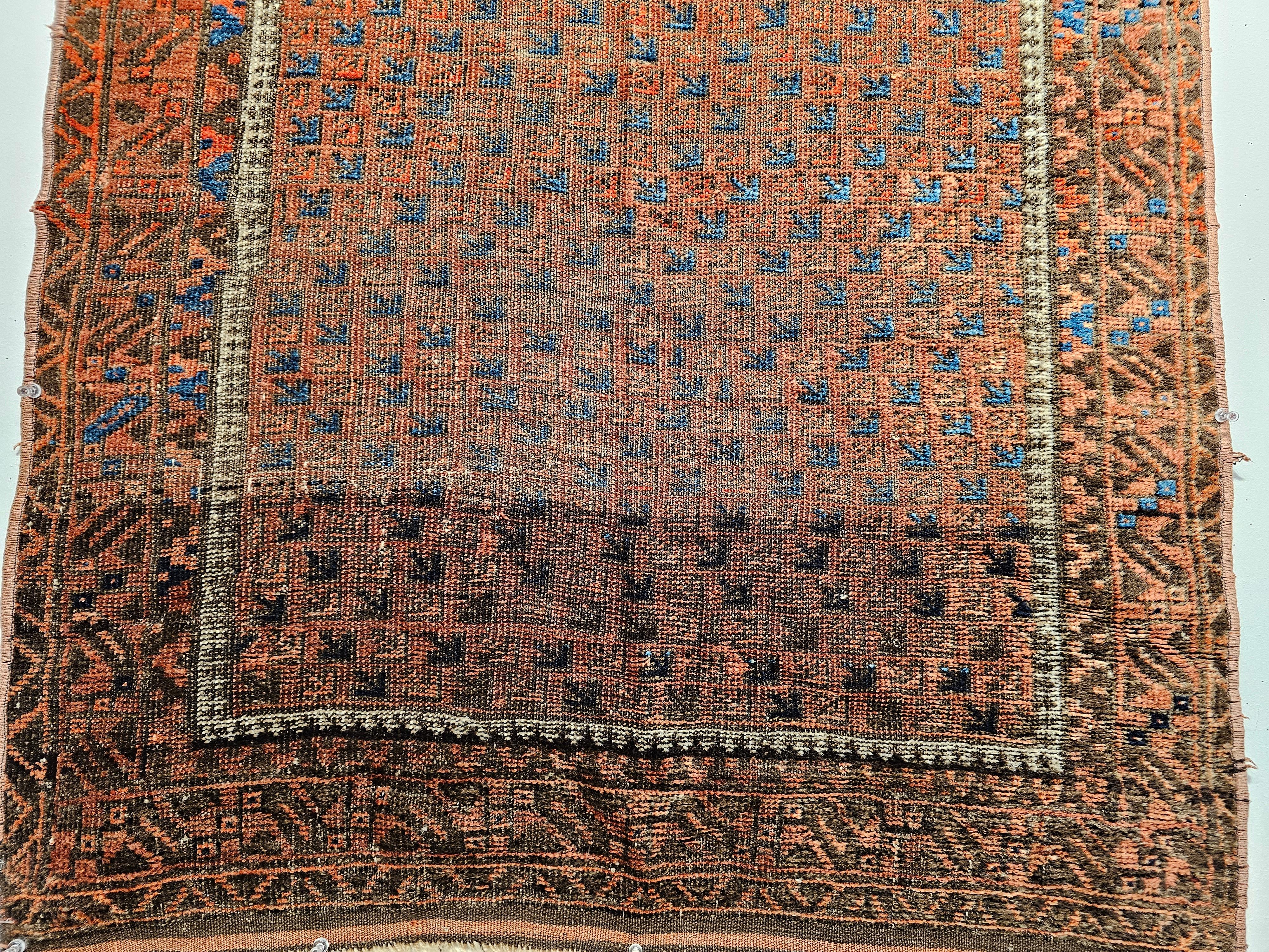 19th Century Turkmen Yomut Area Rug in Prayer Pattern in Dark Red, French Blue In Good Condition For Sale In Barrington, IL