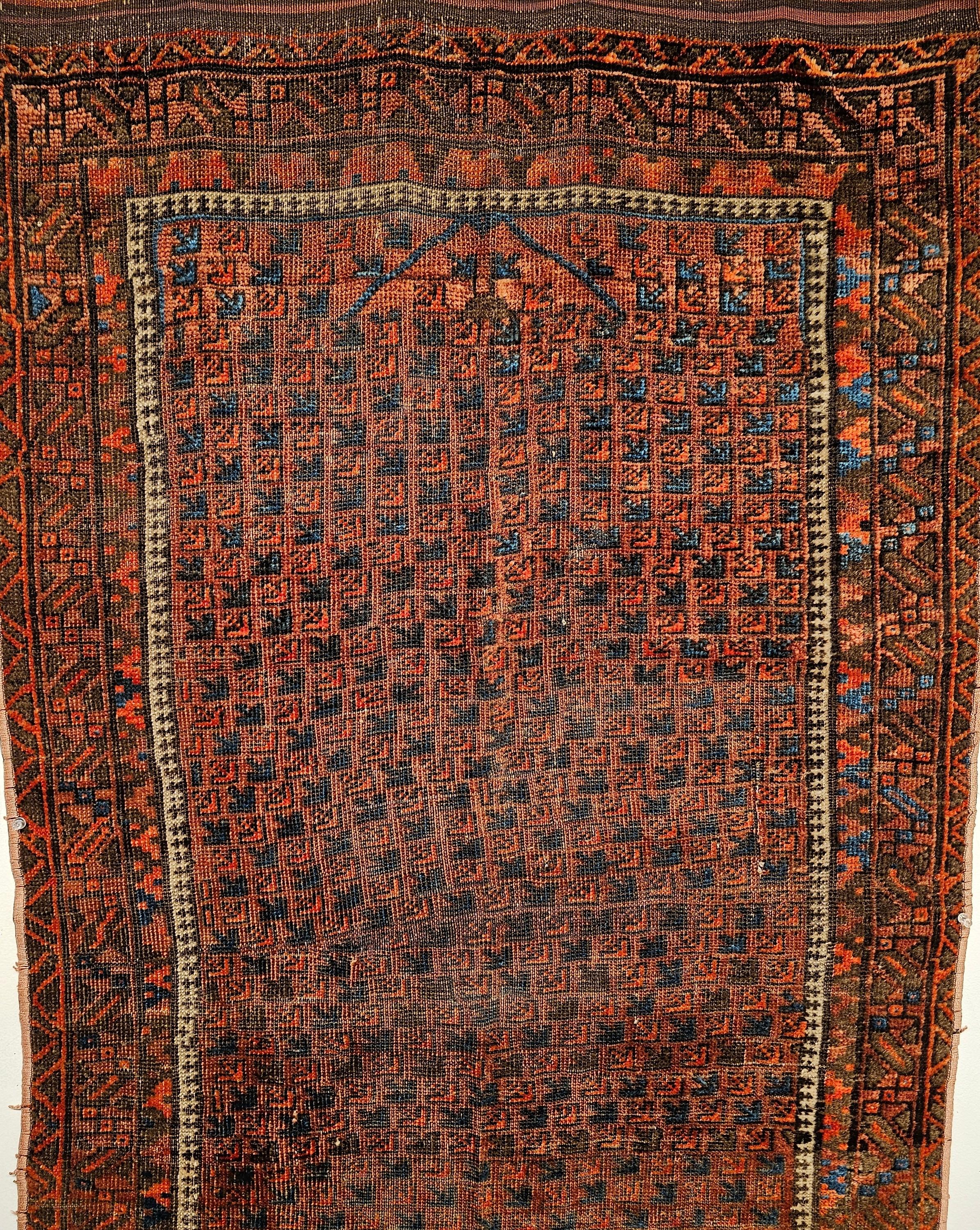 Wool 19th Century Turkmen Yomut Area Rug in Prayer Pattern in Dark Red, French Blue For Sale
