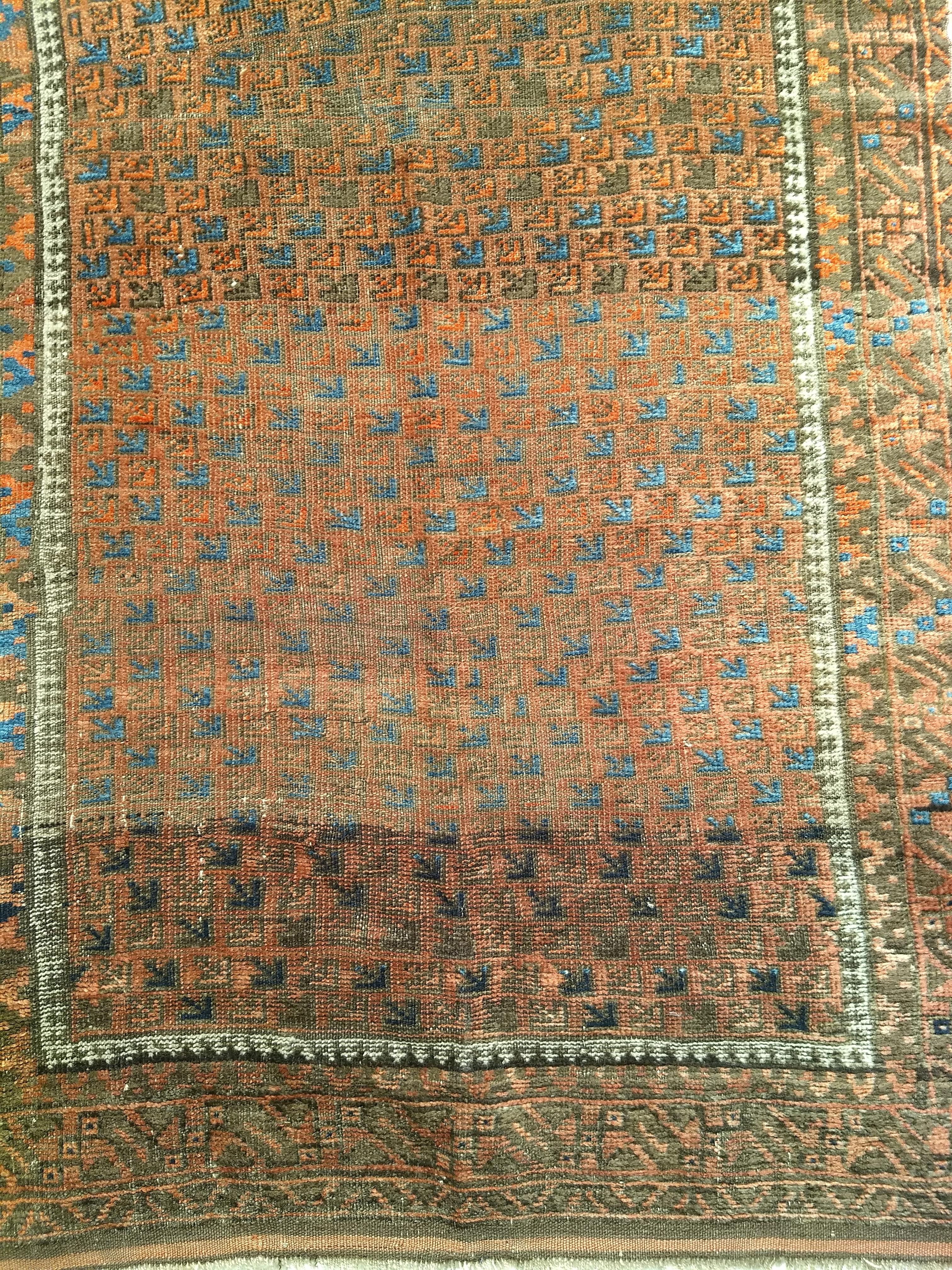 19th Century Turkmen Yomut Area Rug in Prayer Pattern in Dark Red, French Blue For Sale 2