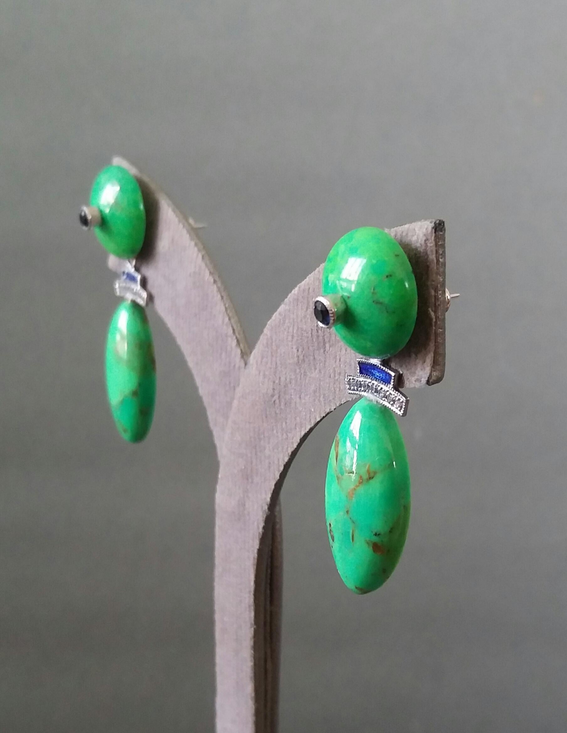 Turkmenistan Green Turquoise Blue Sapphires Blue Enamels Diamonds Gold Earrings For Sale 6