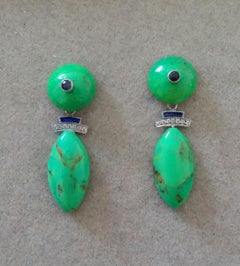 Turkmenistan Green Turquoise Blue Sapphires Blue Enamels Diamonds Gold Earrings