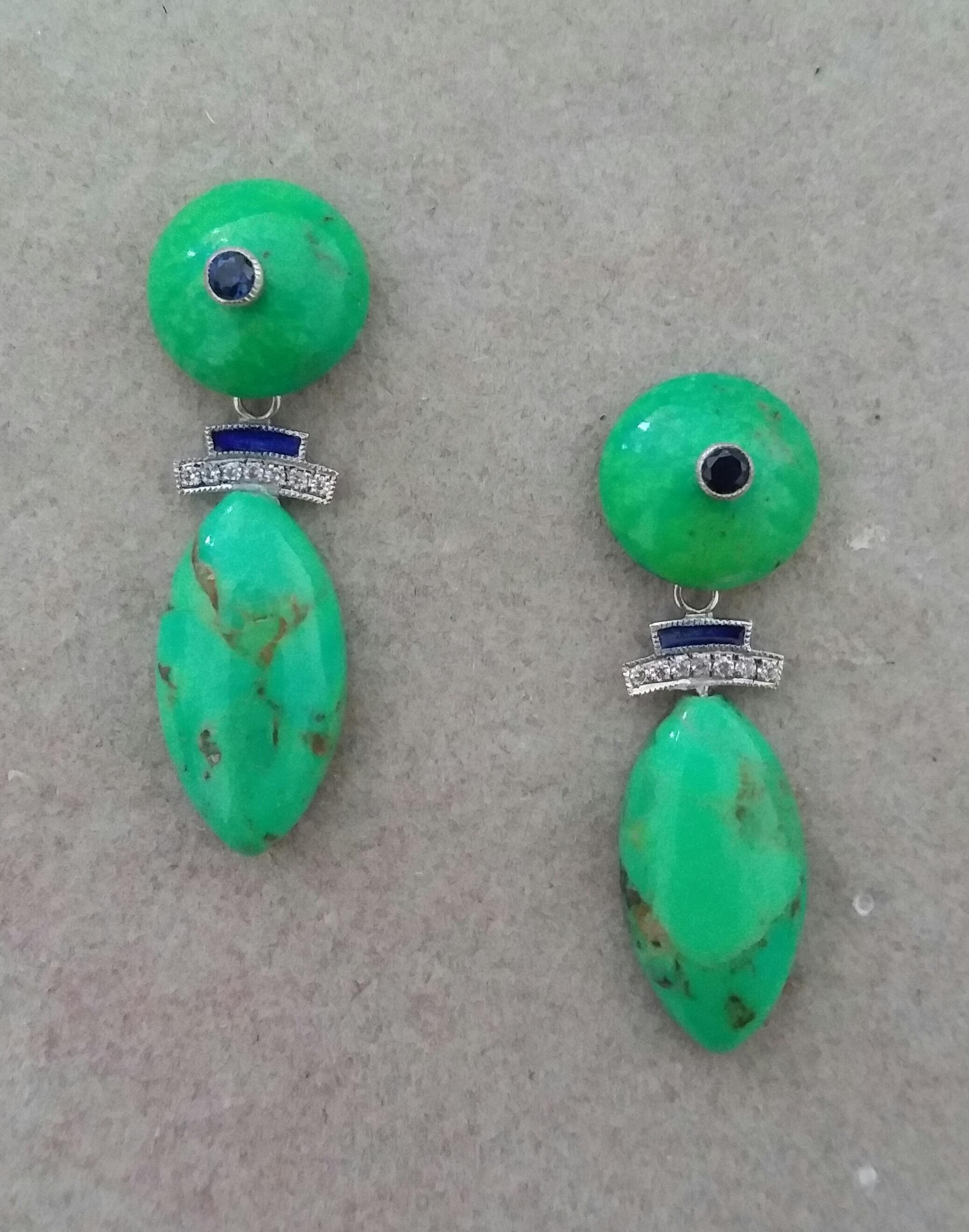 Art Deco Turkmenistan Green Turquoise Blue Sapphires Blue Enamels Diamonds Gold Earrings For Sale