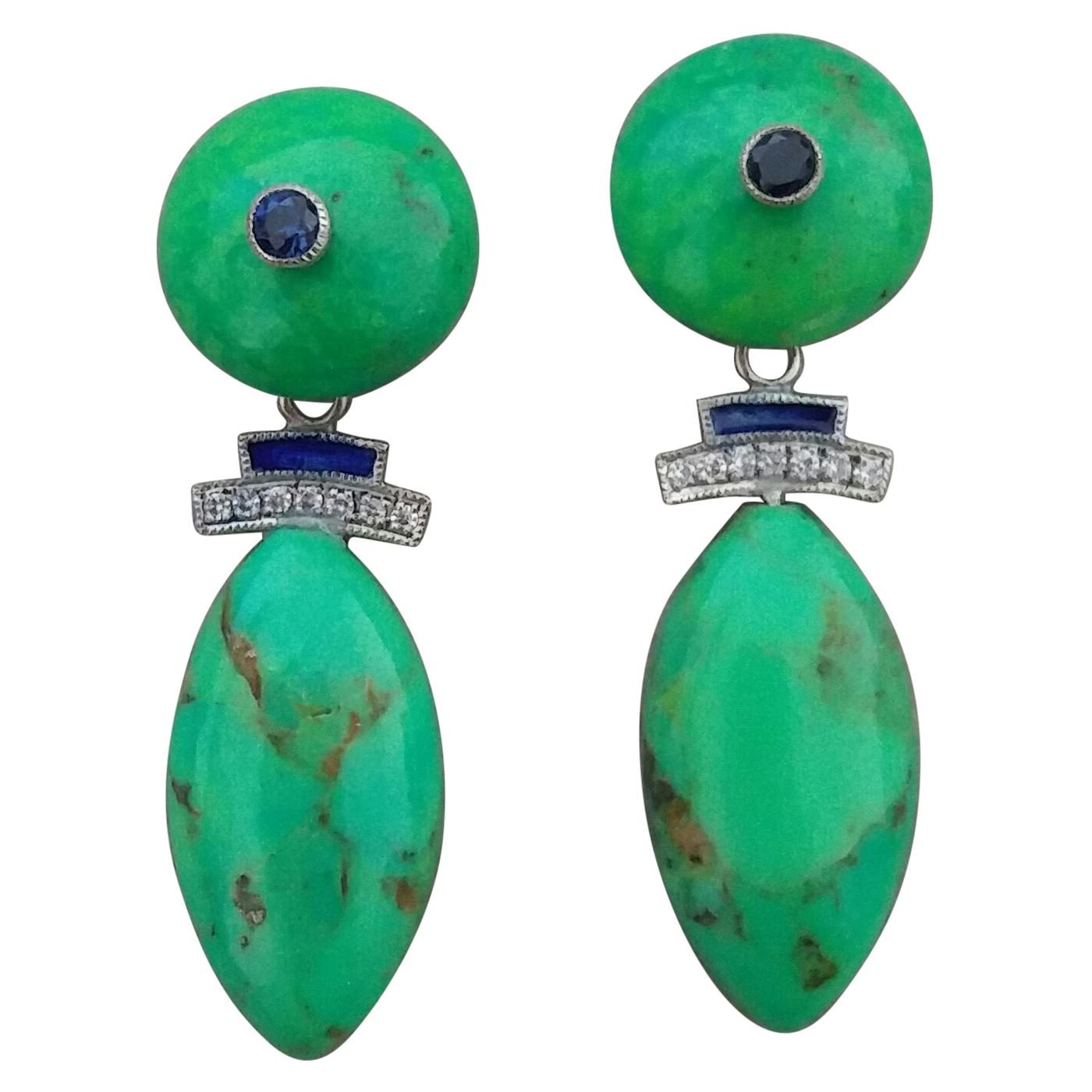 Turkmenistan Green Turquoise Blue Sapphires Blue Enamels Diamonds Gold Earrings For Sale