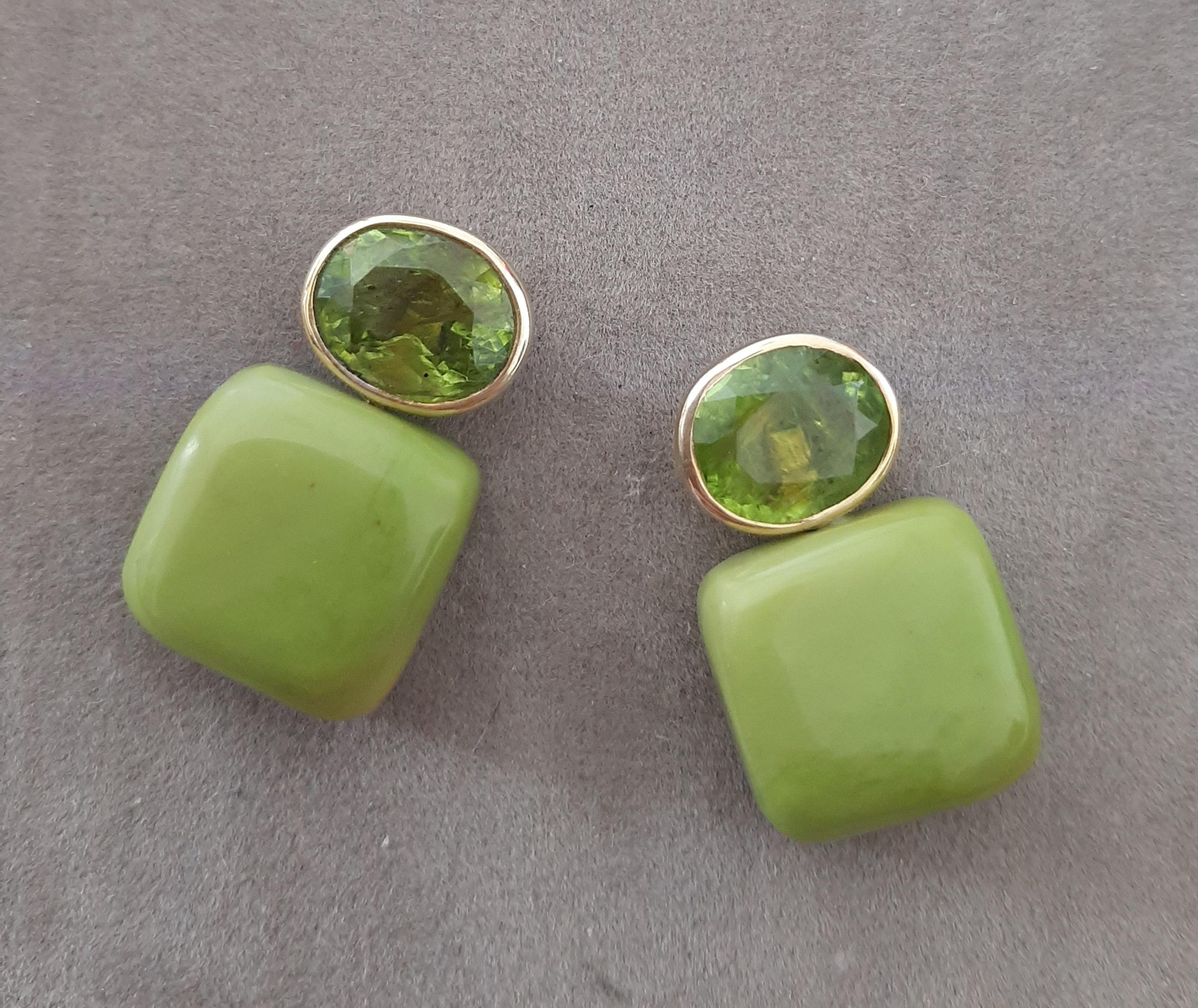 Turquoise verte du Turkménistan Boucles d'oreilles en or massif 14k avec péridot en forme de coussin en vente 3