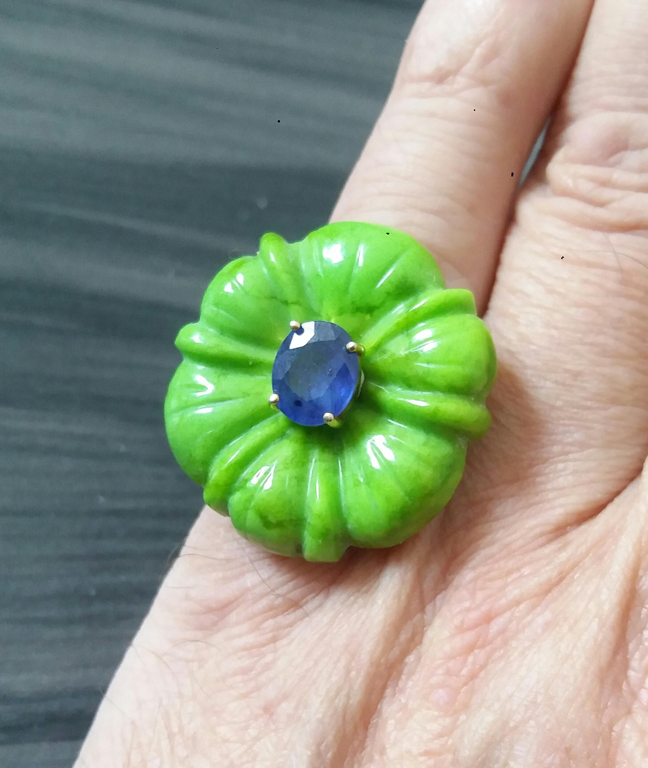 For Sale:  Turkmenistan Green  Turquoise Flower Blue Sapphire Solid 14 Kt Gold Fashion Ring 11