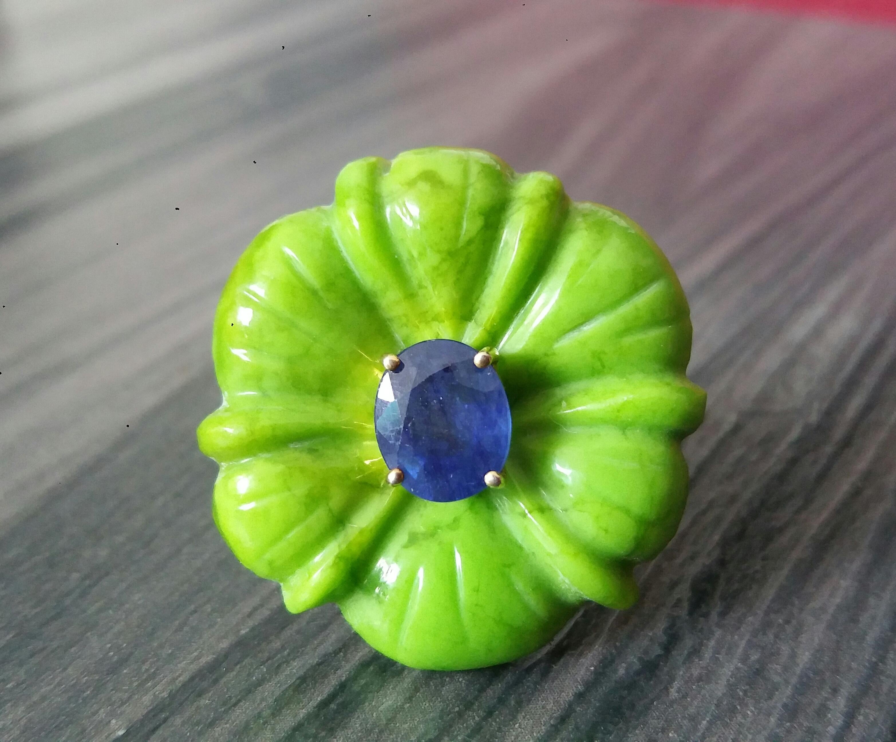 For Sale:  Turkmenistan Green  Turquoise Flower Blue Sapphire Solid 14 Kt Gold Fashion Ring 6