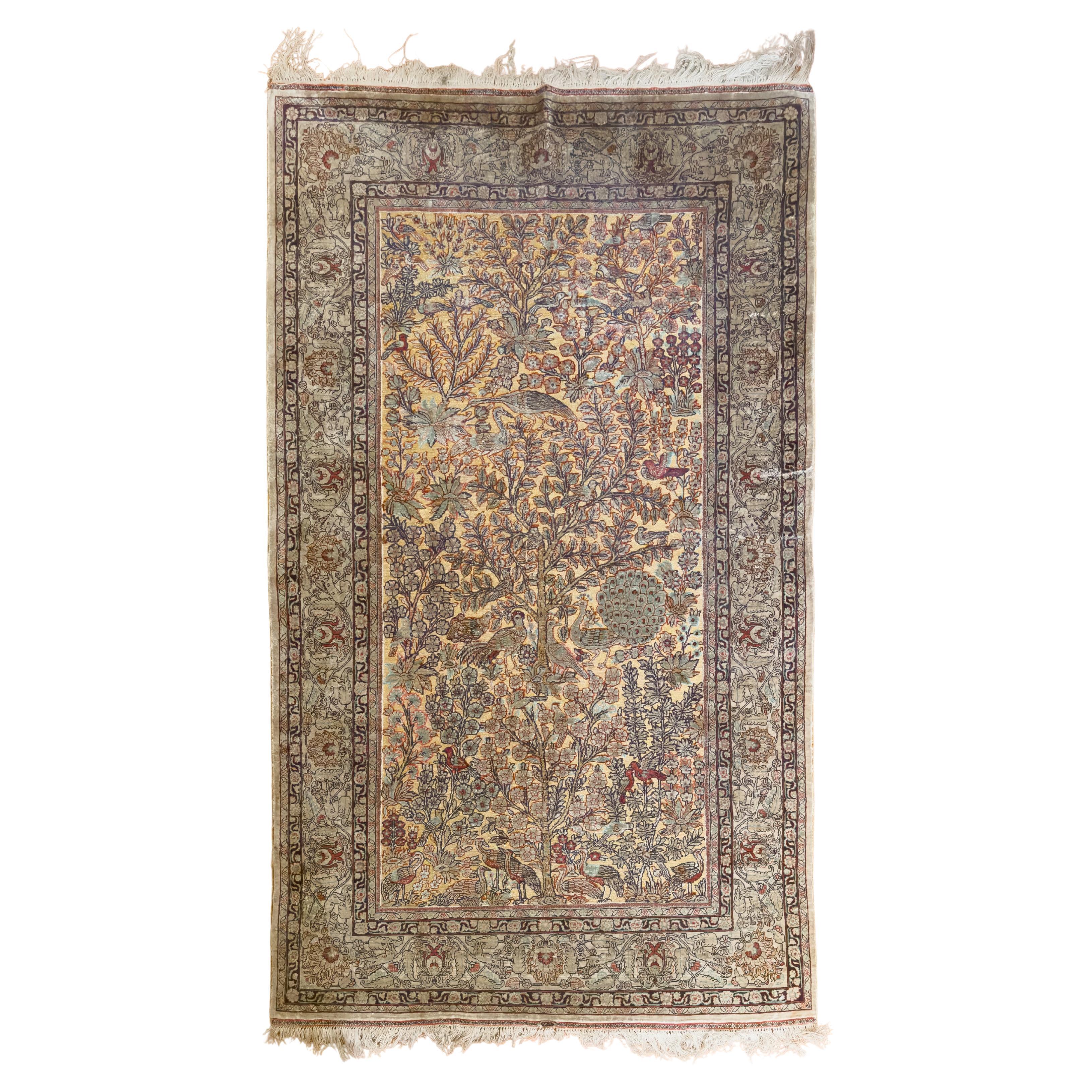Turko-Mongol Persian Ghom Rug – Tree of Life  67.7 x 35.8 inches For Sale
