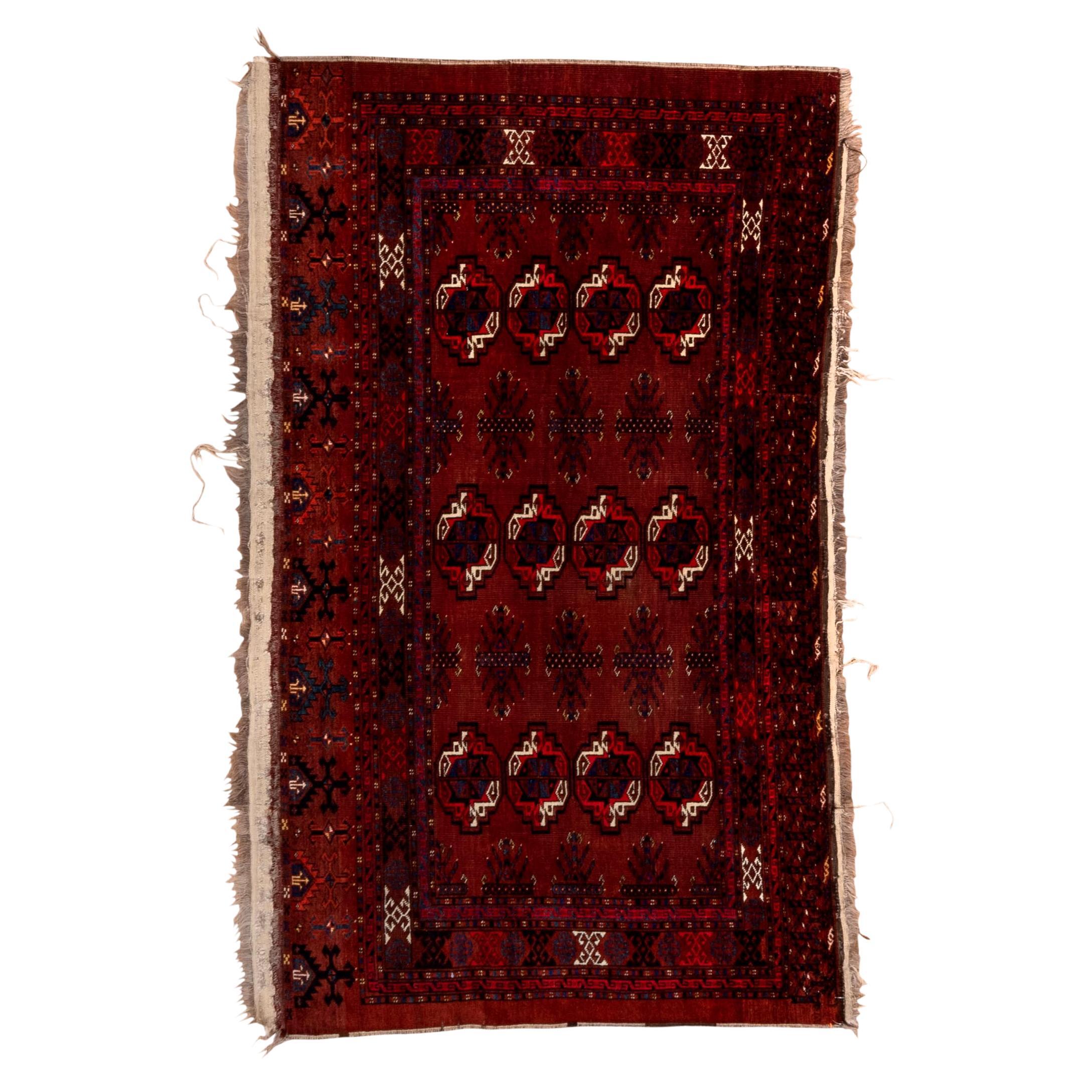 Turkoman Traditional Triabl Rug in Reds and Blacks For Sale