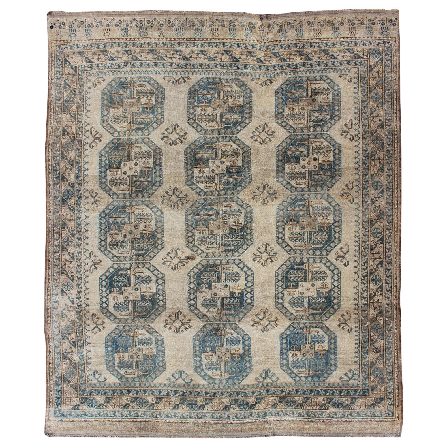 Turkomen Rug with AllOver Bokhara Design in Blue, Brown and Tan For