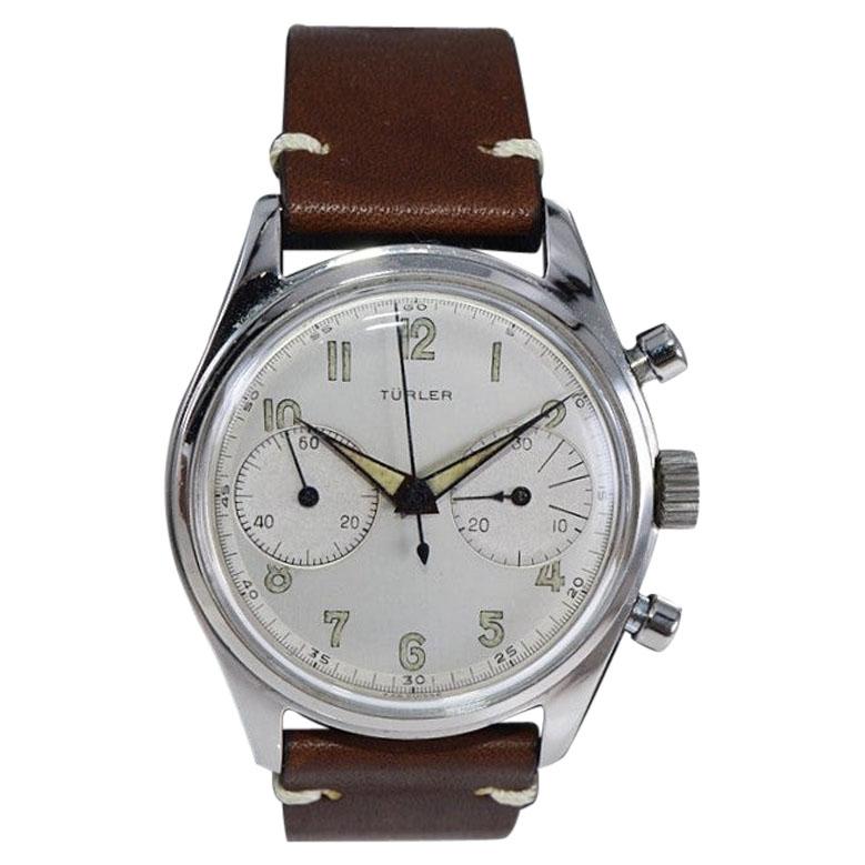 Turler Stainless Steel Chronograph Manual Presentation Watch, 1953 For Sale
