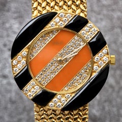 Turler Vintage Diamond Coral Onyx 18K Gold Round Link Winding Watch