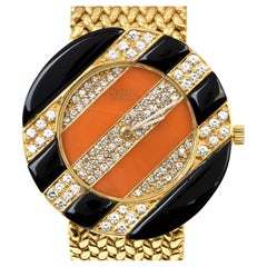 Turler Vintage Diamond Coral Onyx 18K Gold Round Link Winding Watch