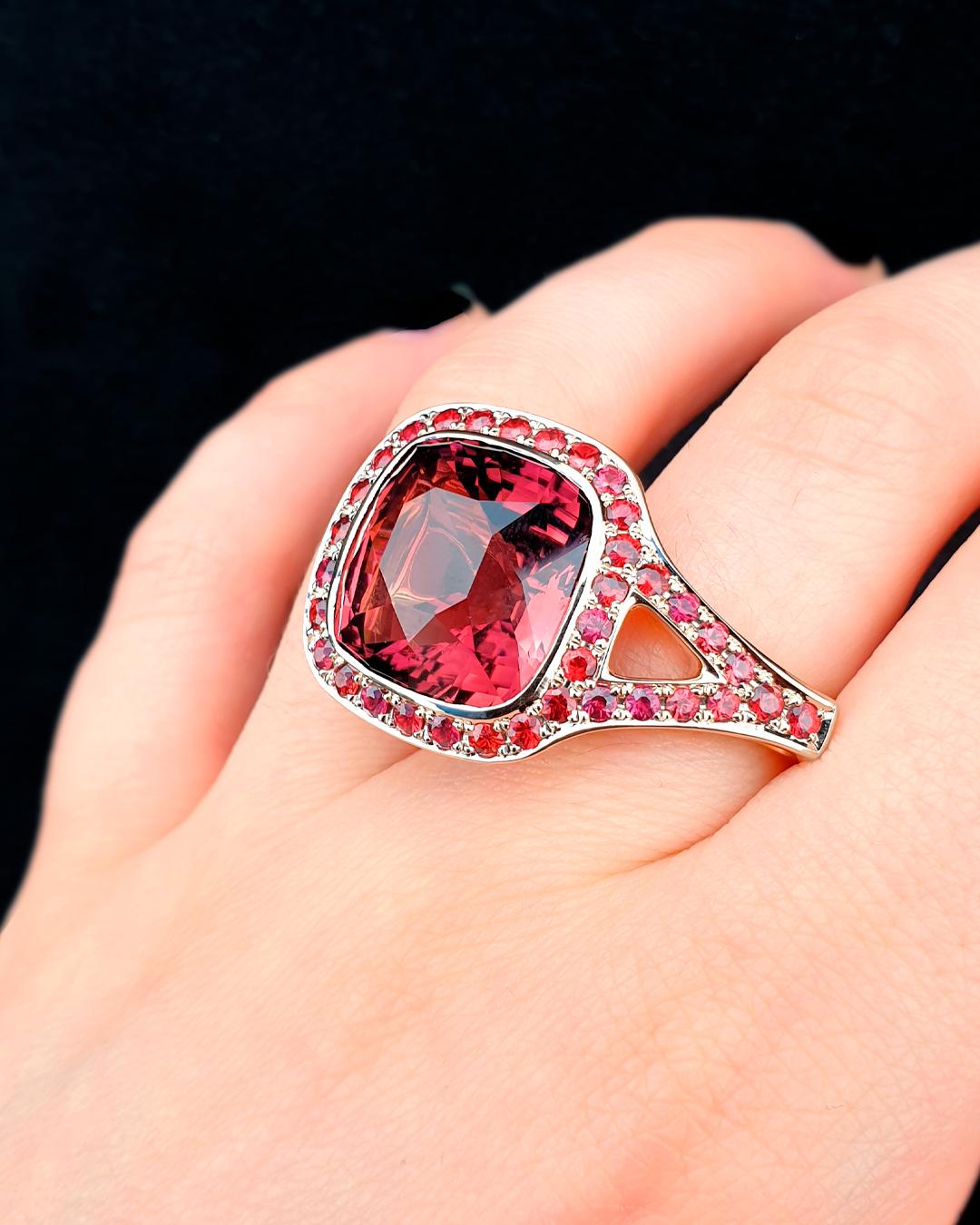 Modern Tourmaline cocktail ring 18.66ct red, 18k rose gold, 35 hand set red sapphires For Sale